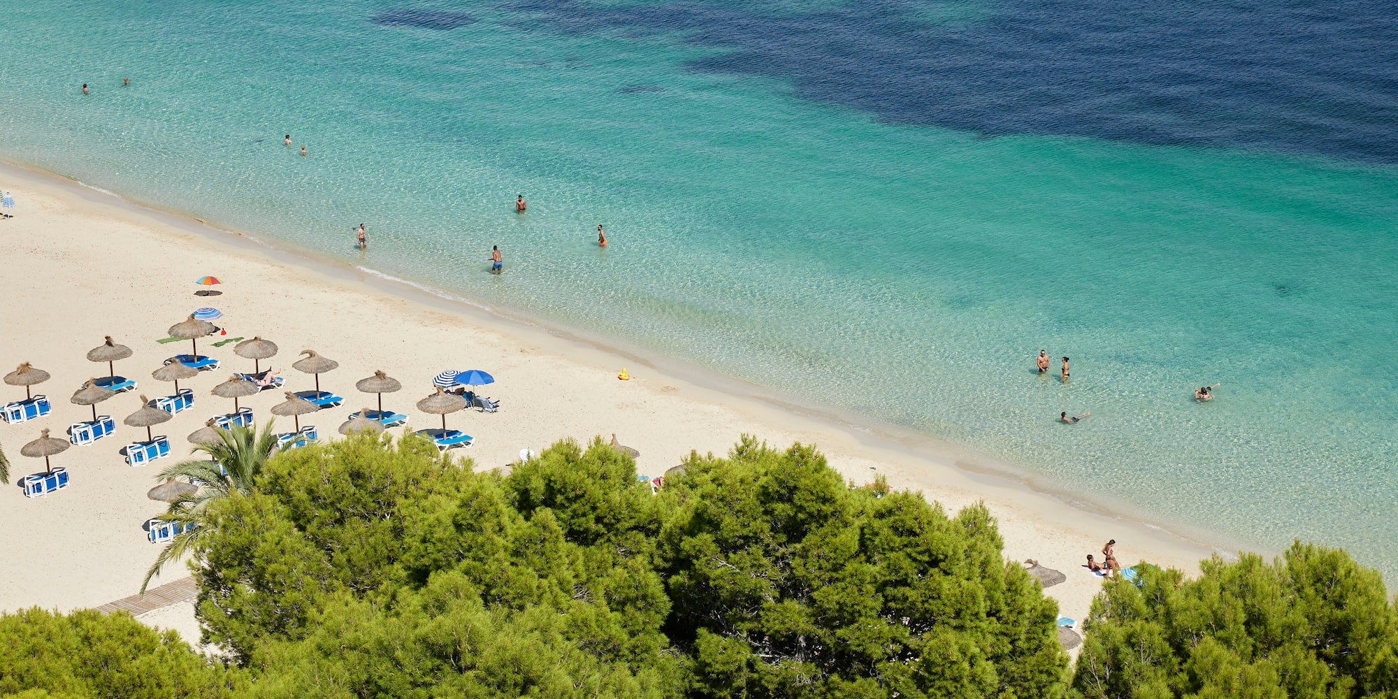 a beach with umbrellas and people on it