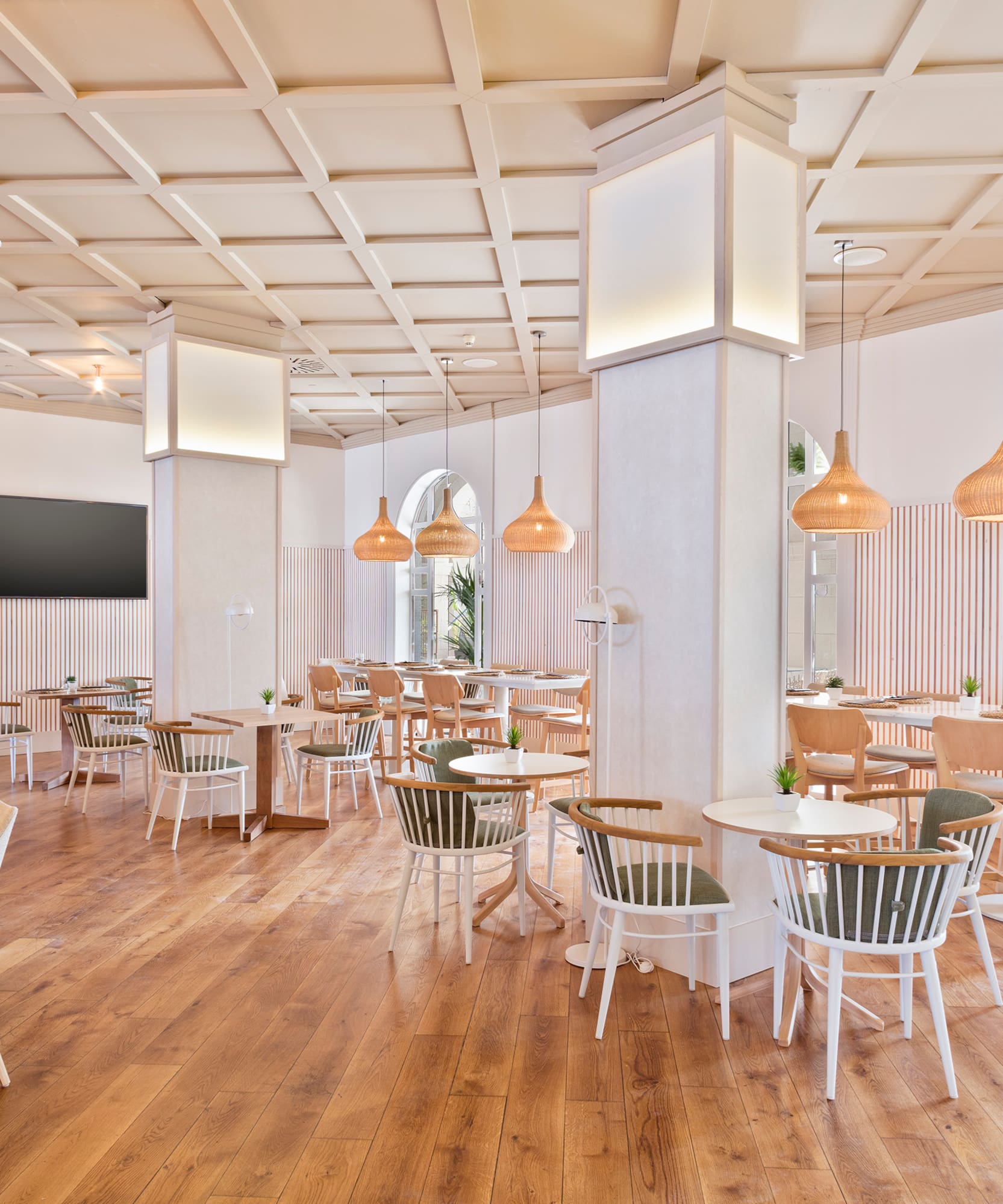 a room with tables and chairs