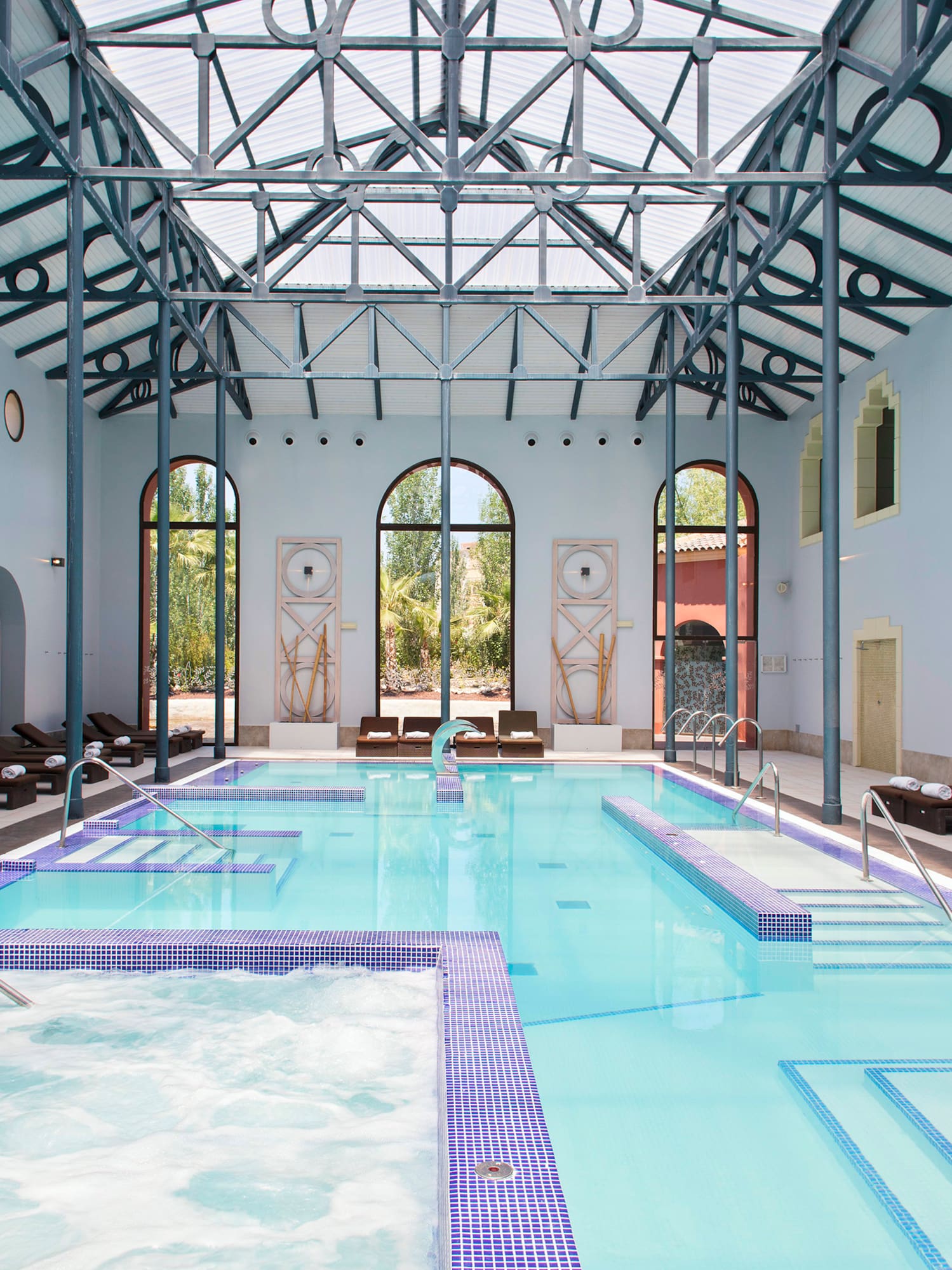 a swimming pool inside a building