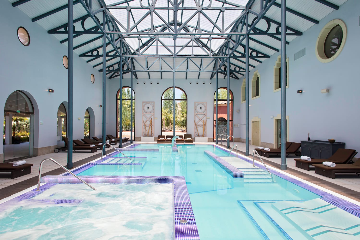 a swimming pool inside a building