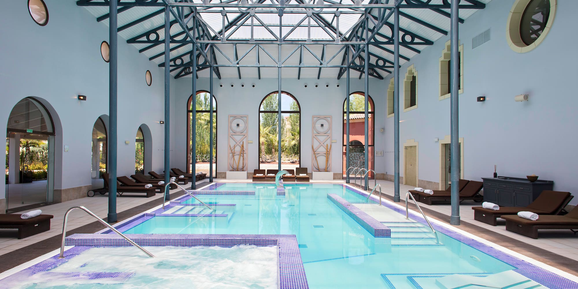 a swimming pool inside a building
