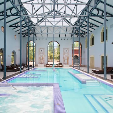 a swimming pool inside a building