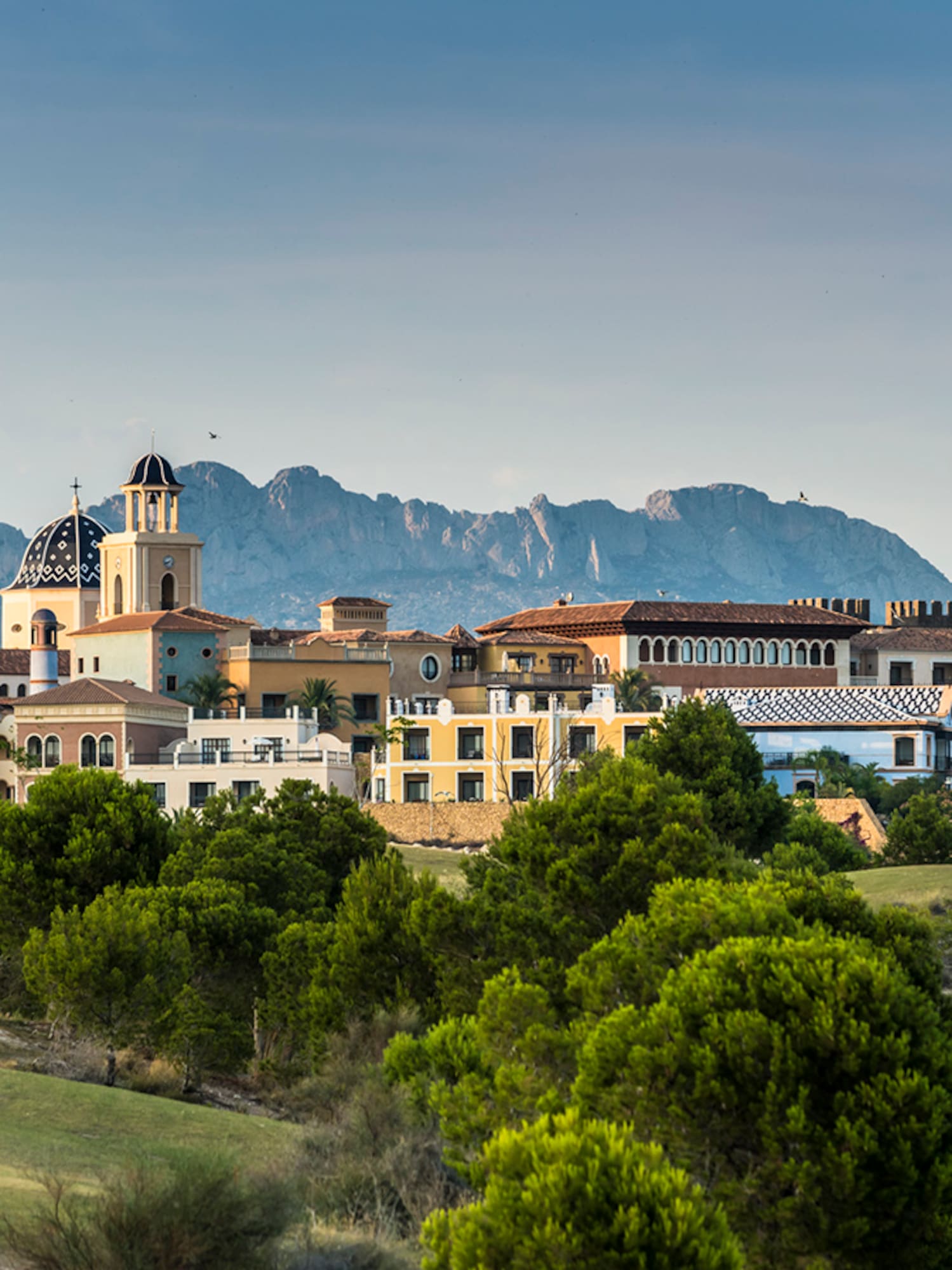 a group of buildings in a grassy area