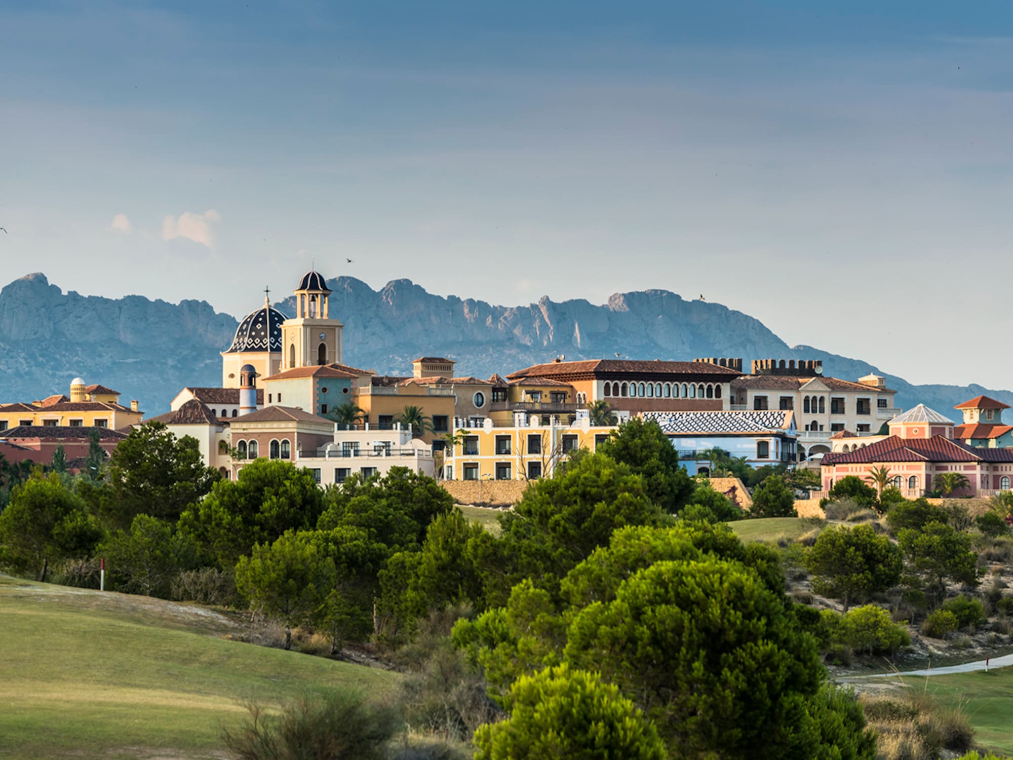 a group of buildings in a grassy area