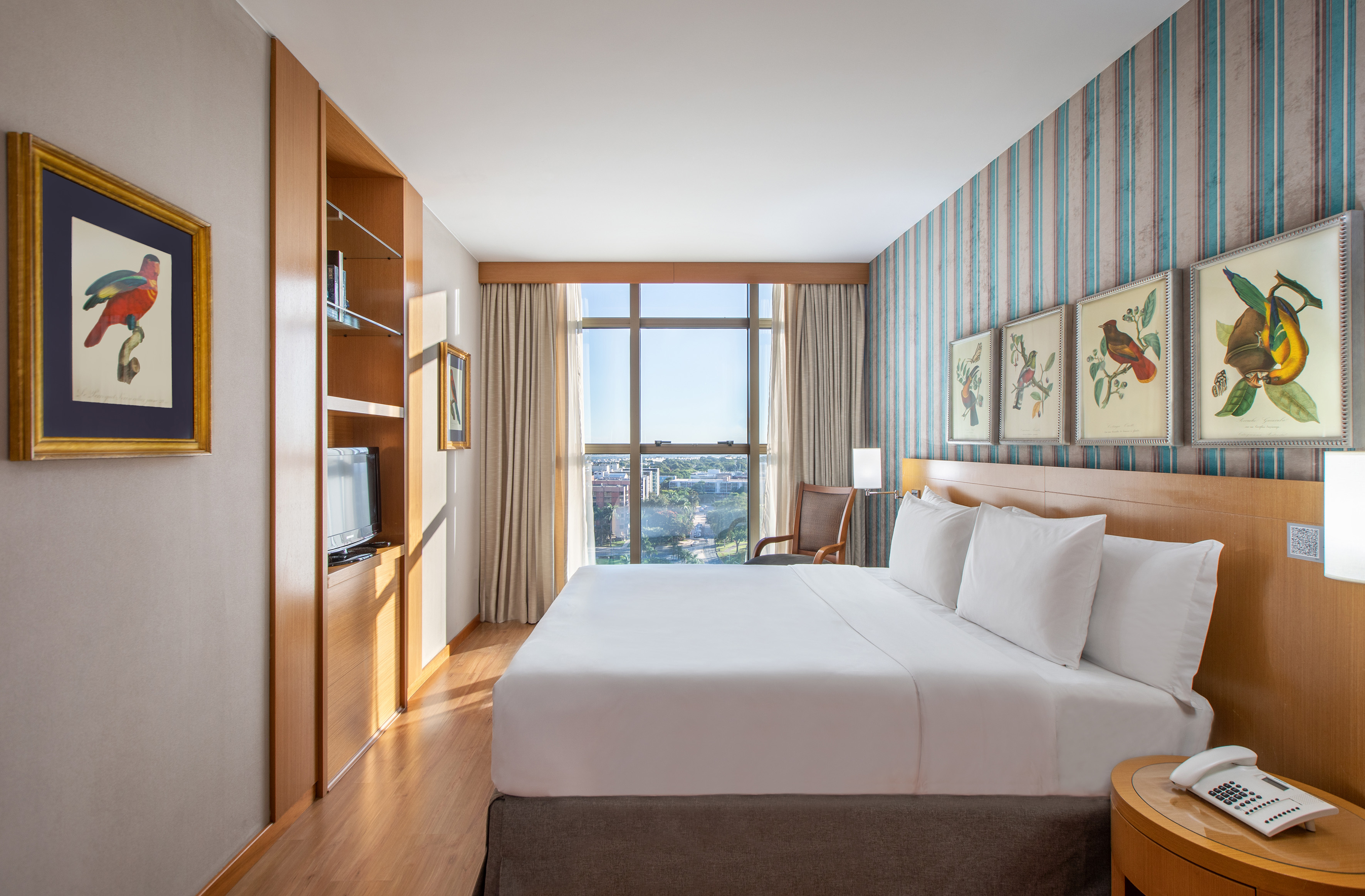 Bright hotel bedroom with king bed, city view, and framed bird artwork.