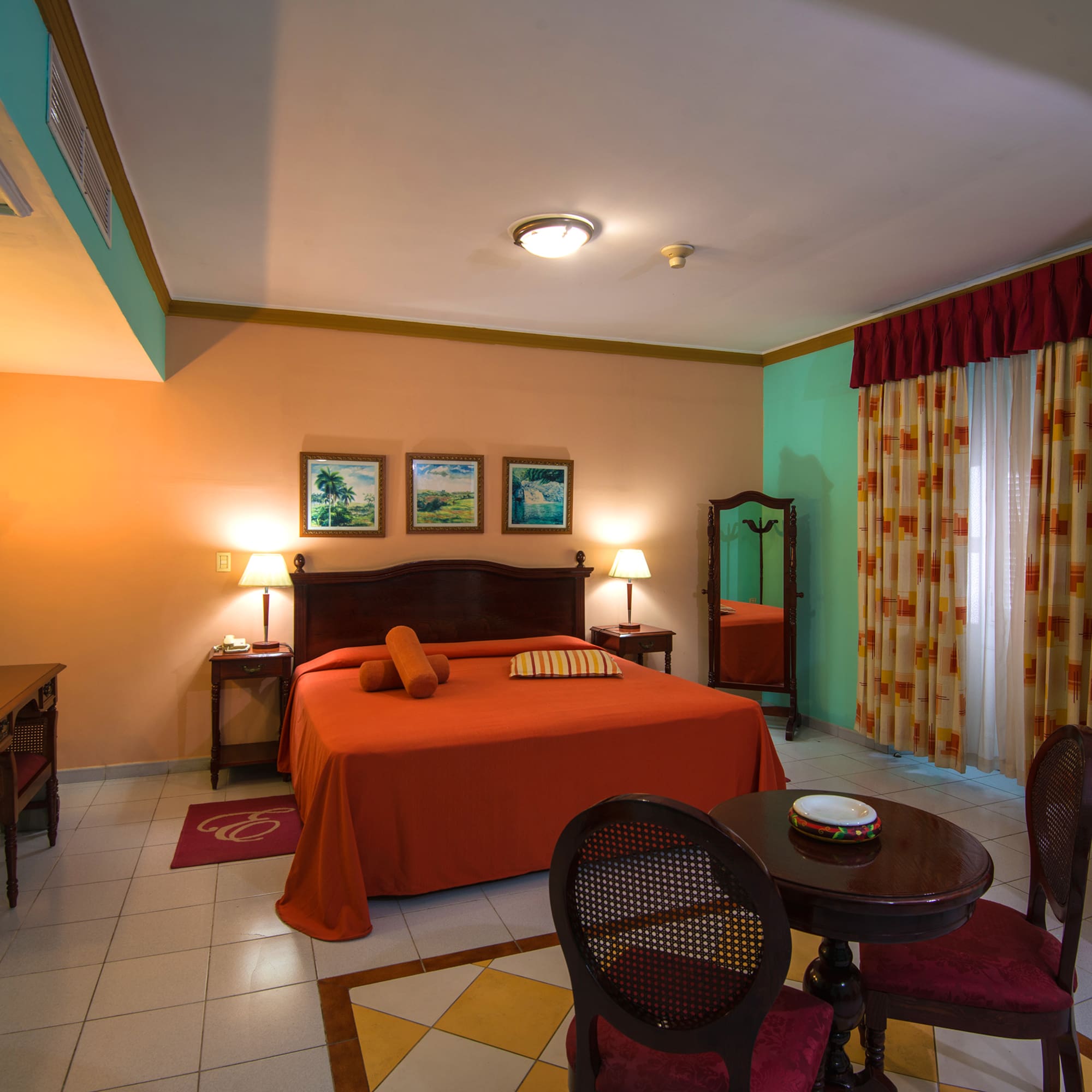 a room with a bed and a table