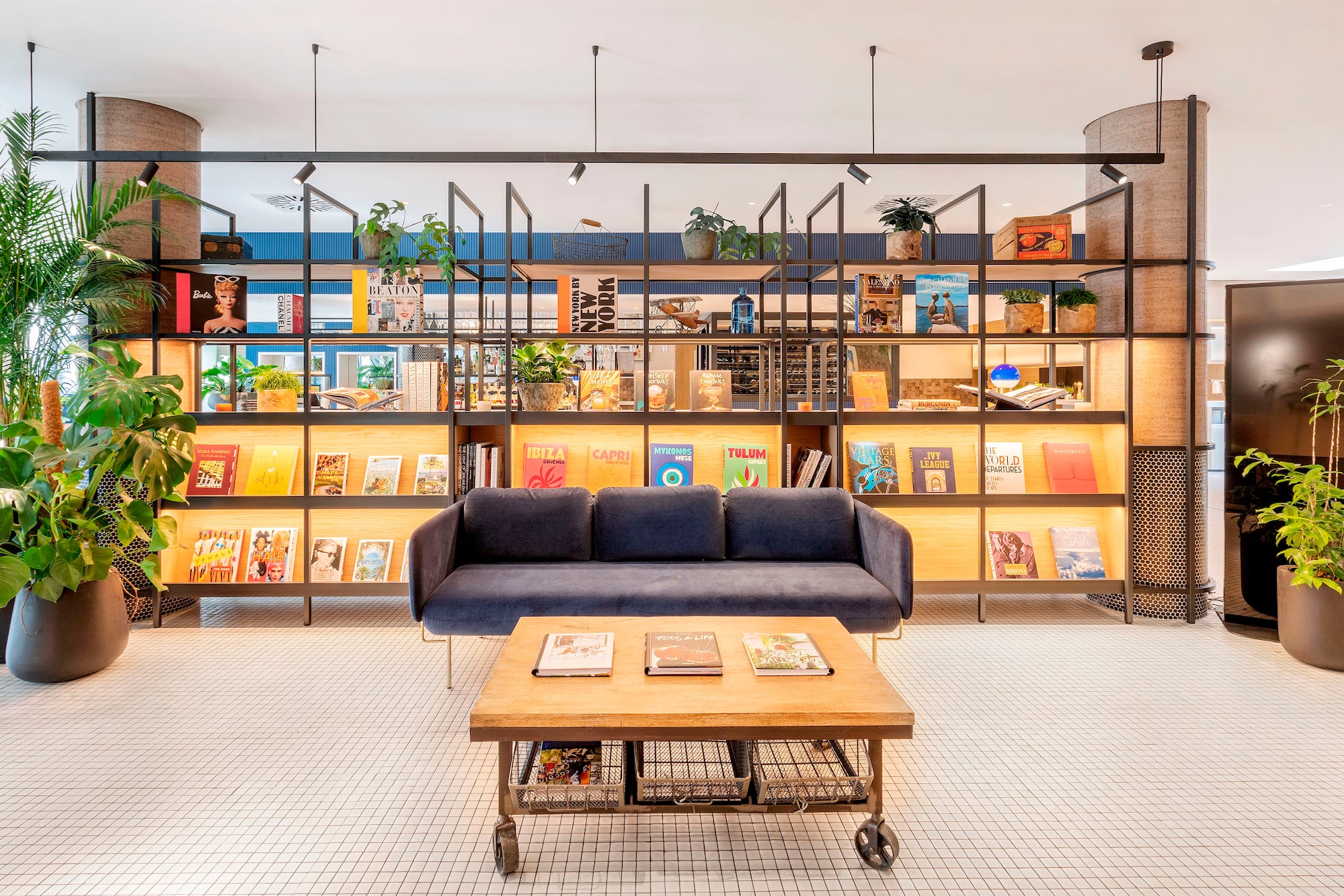 Modern hotel lounge with illuminated bookshelf, stylish books, blue sofa, wood table.