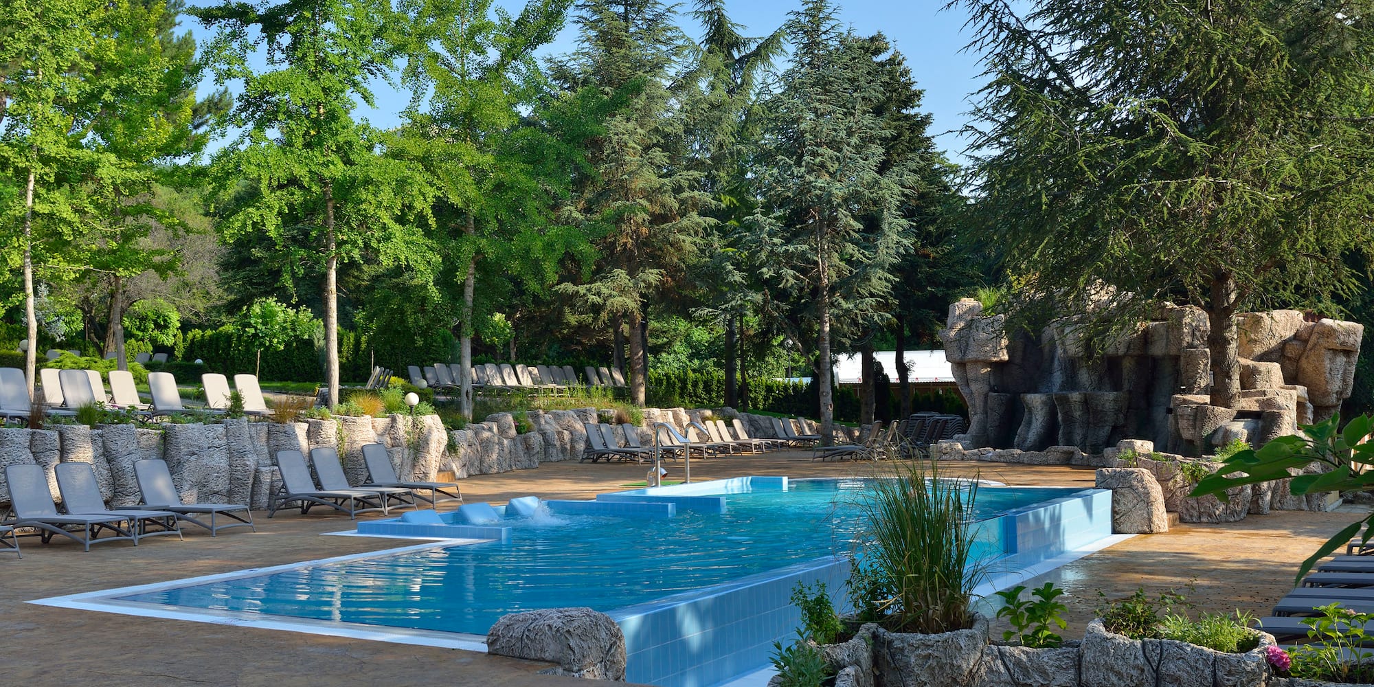 a pool with chairs and trees