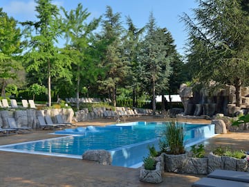 a pool with chairs and trees