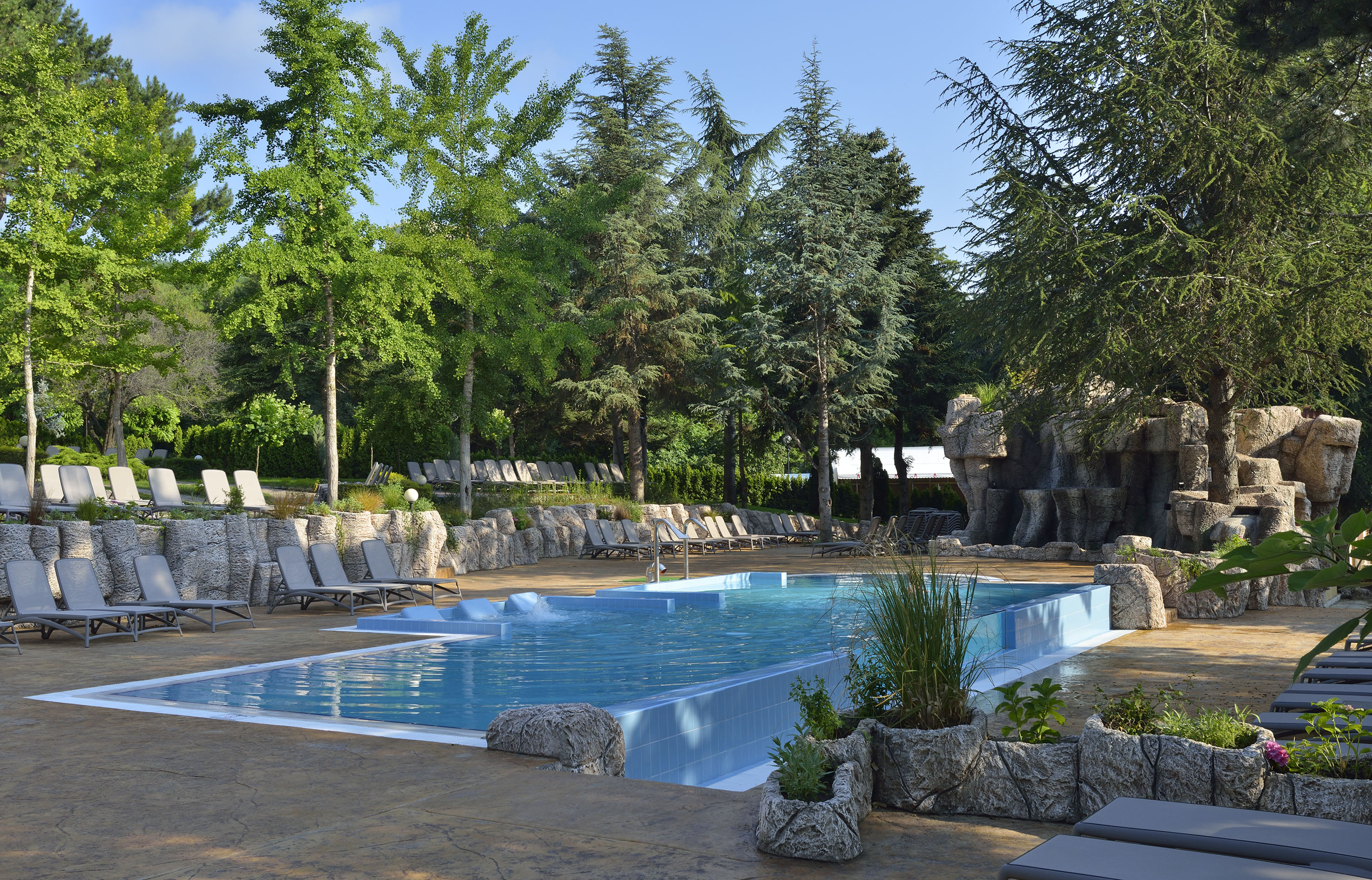 a pool with chairs and trees