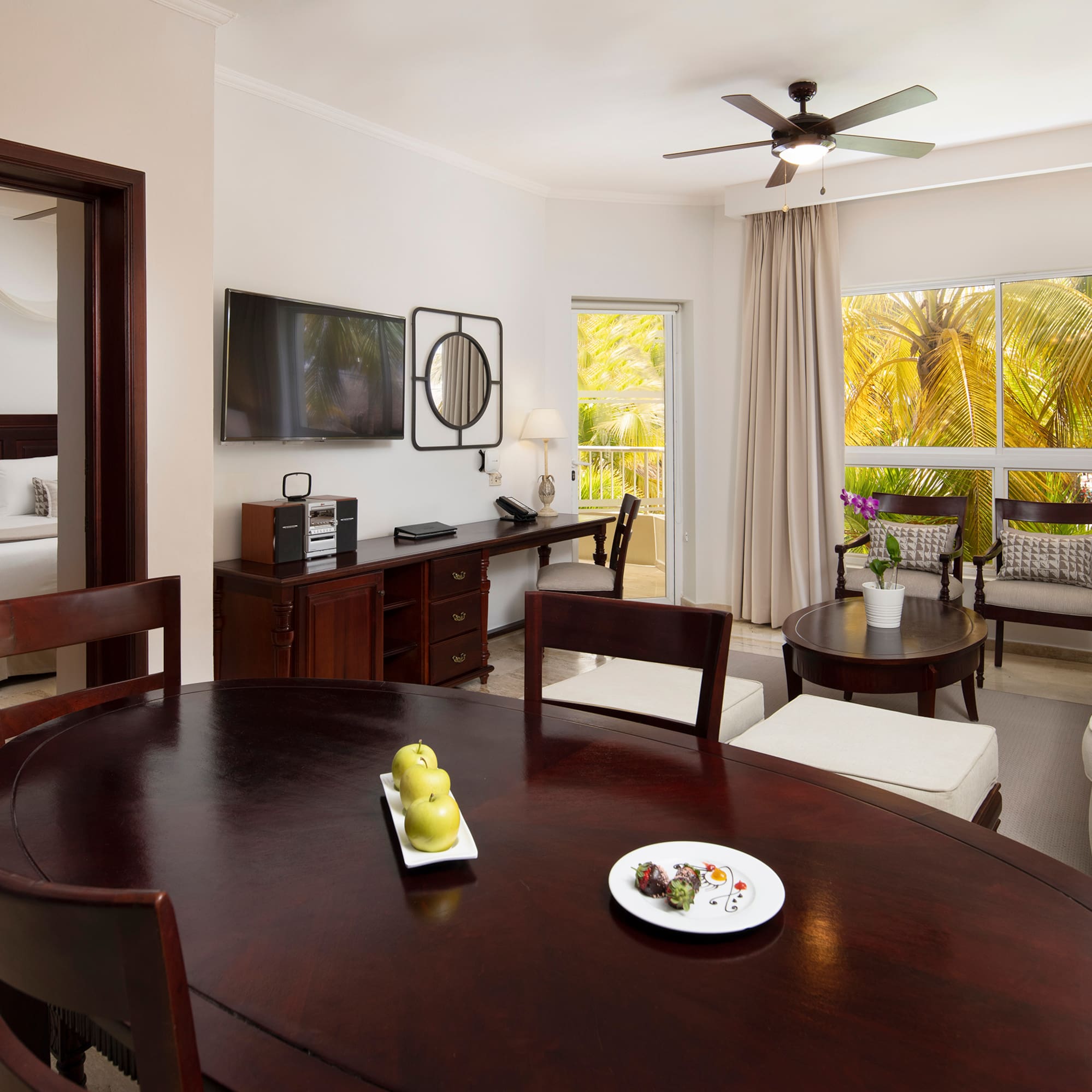 a room with a table and chairs