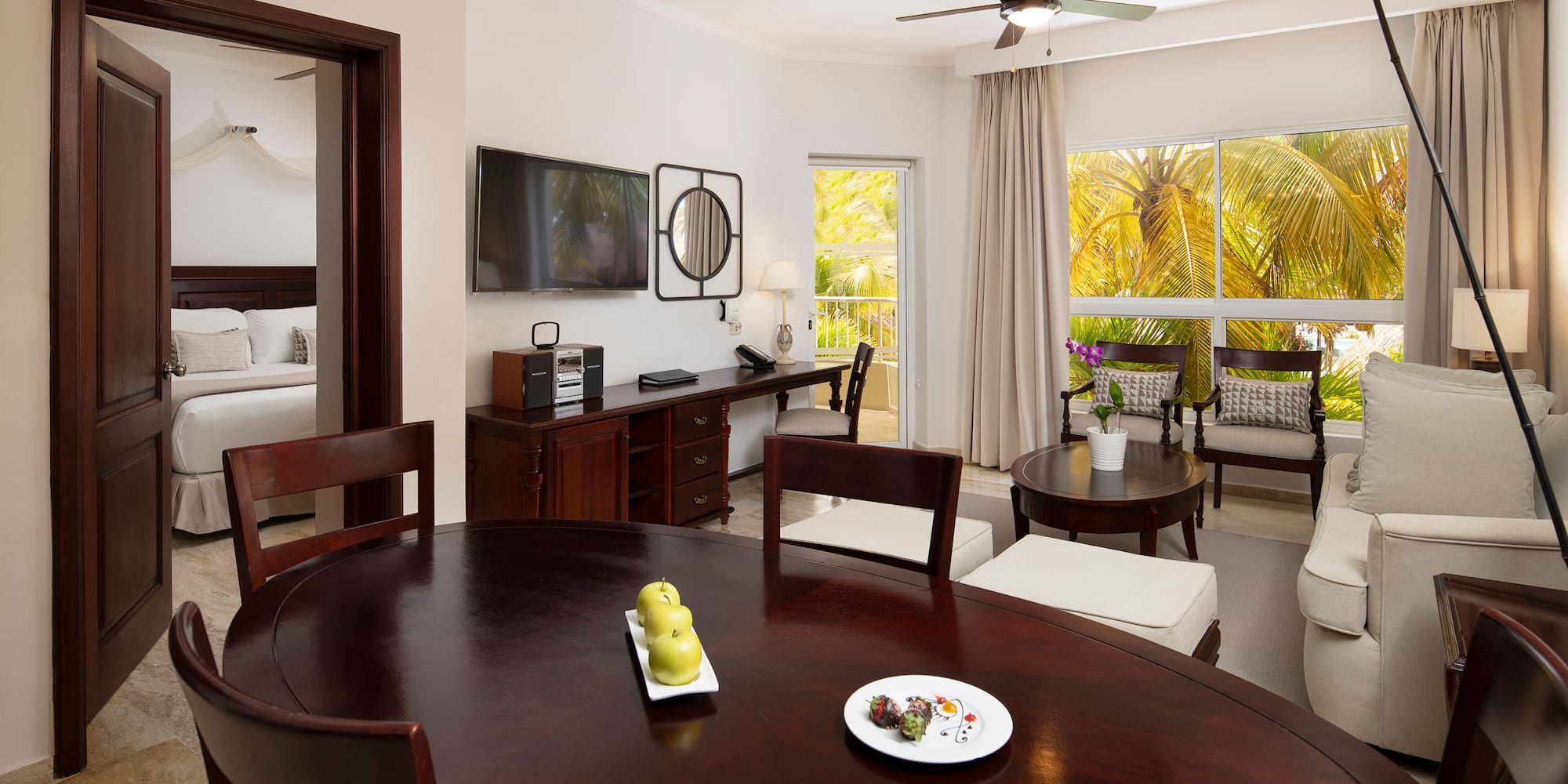 a room with a table and chairs