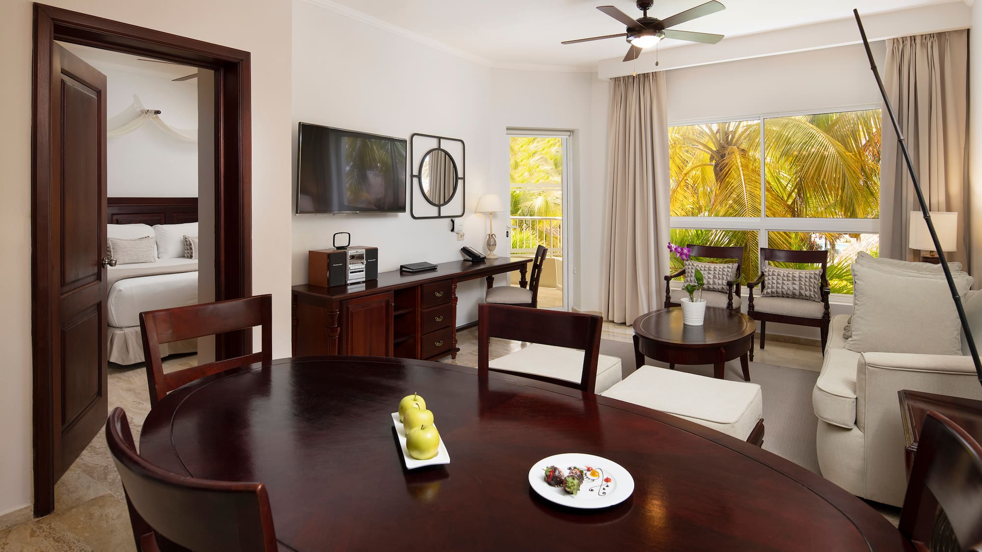 a room with a table and chairs