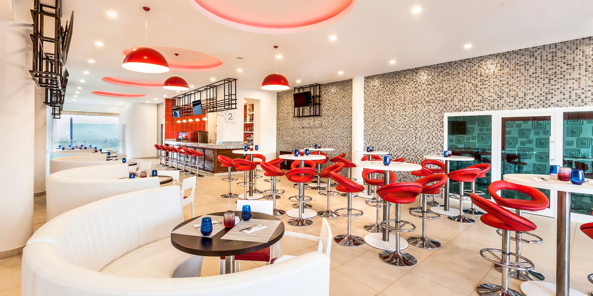 a room with tables and chairs