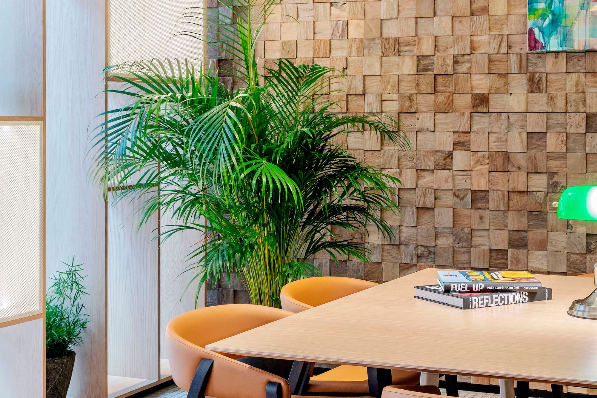 Modern meeting room with wood block accent wall, tan chairs, and green plant.