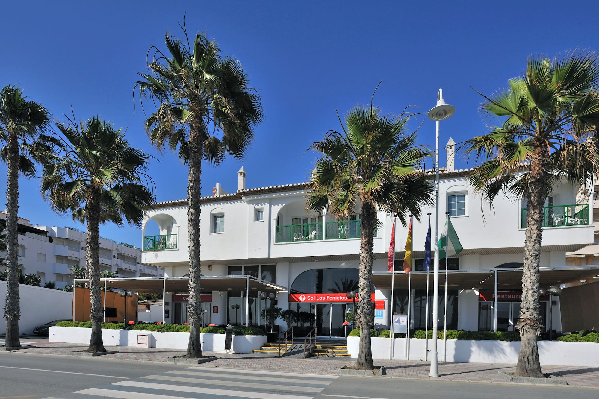 Sunny Sol Los Fenicios hotel facade with palm trees and a crosswalk.