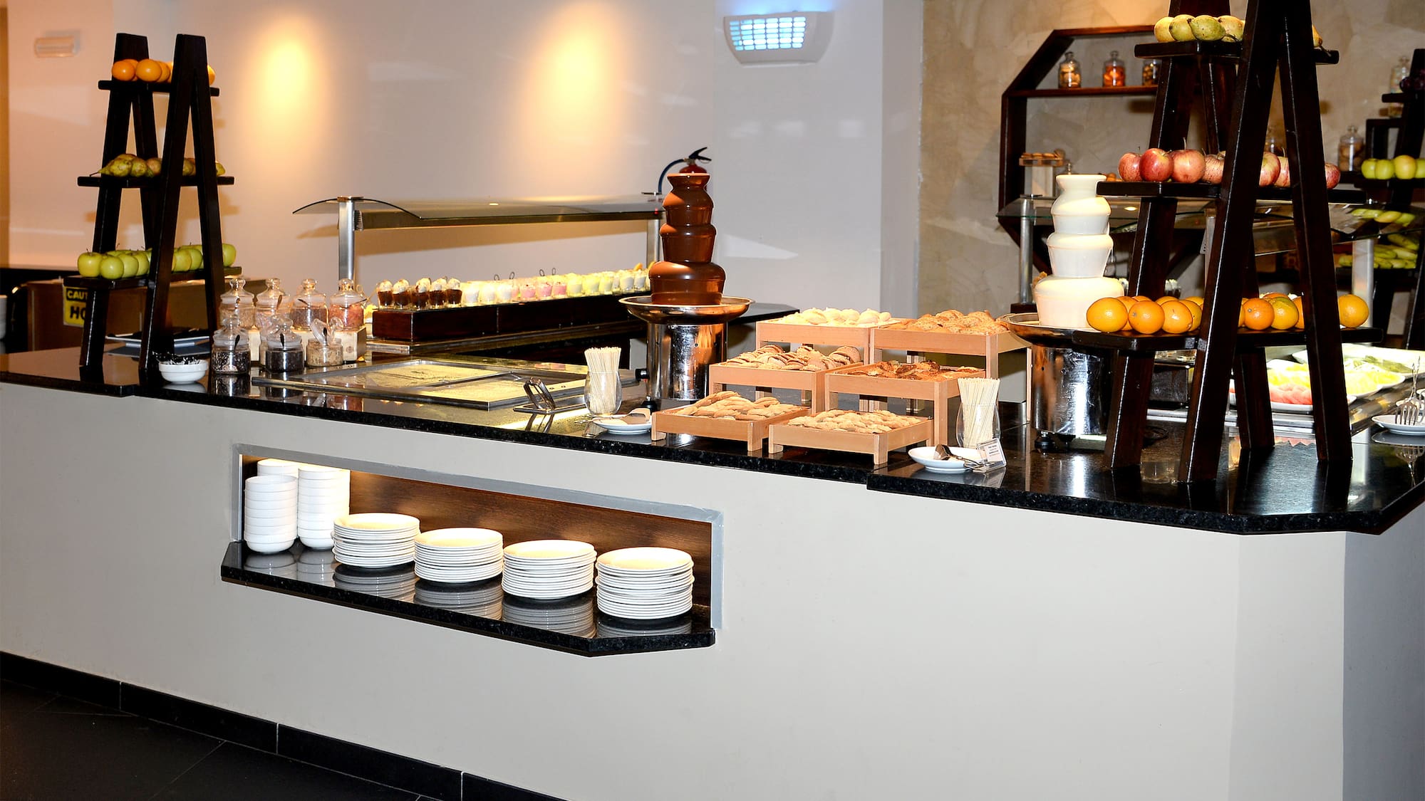 a buffet with food on the counter