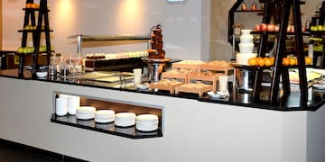 a buffet with food on the counter