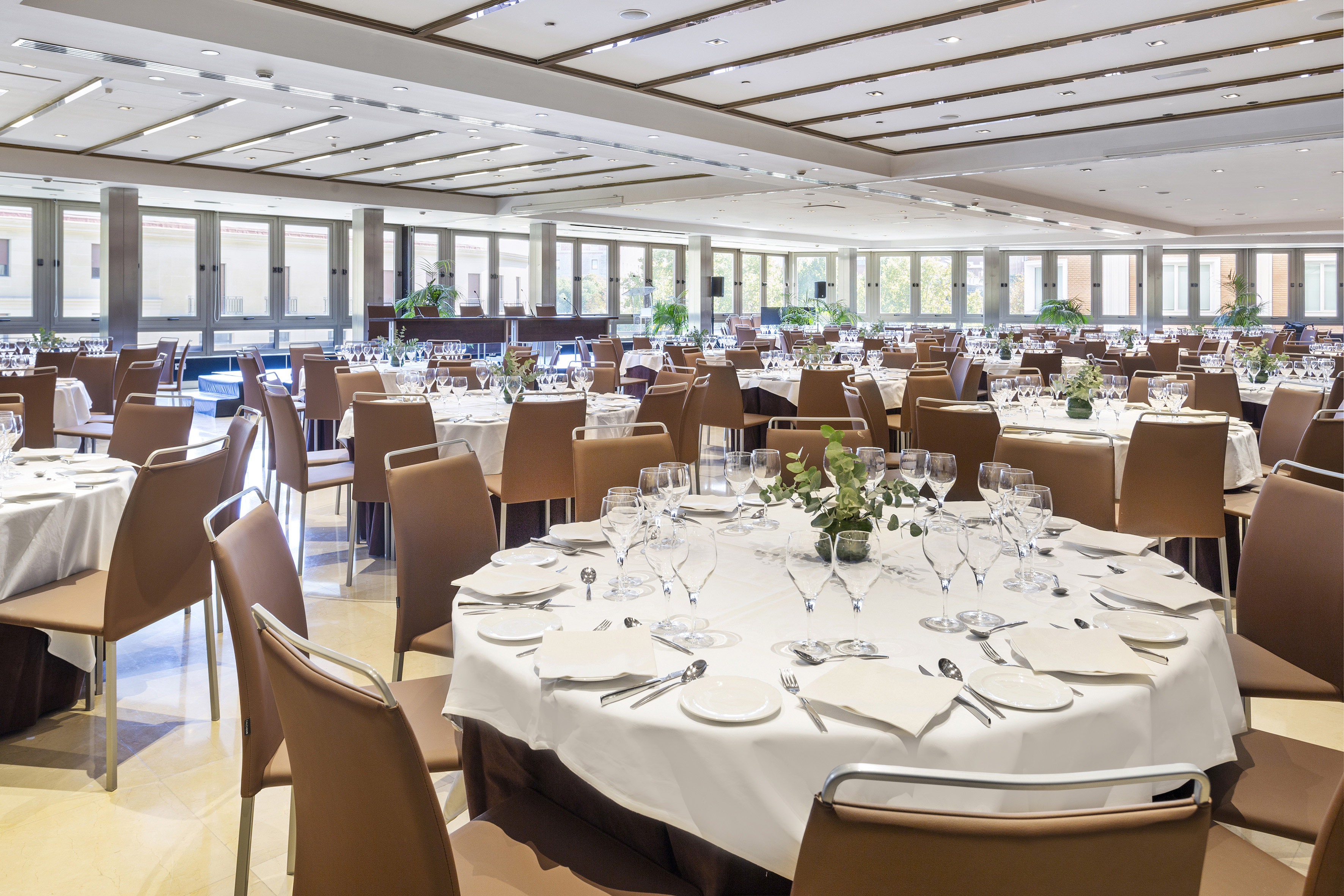 Elegant banquet hall with set round tables, brown chairs, and large windows.