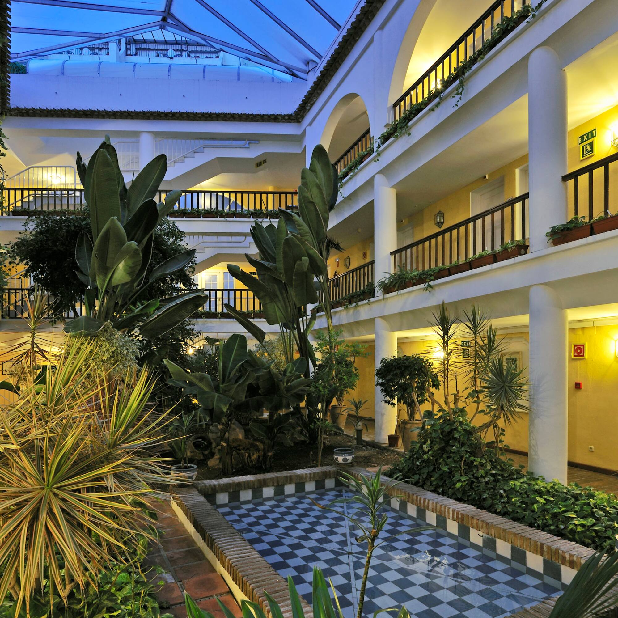 a courtyard with plants and a pool
