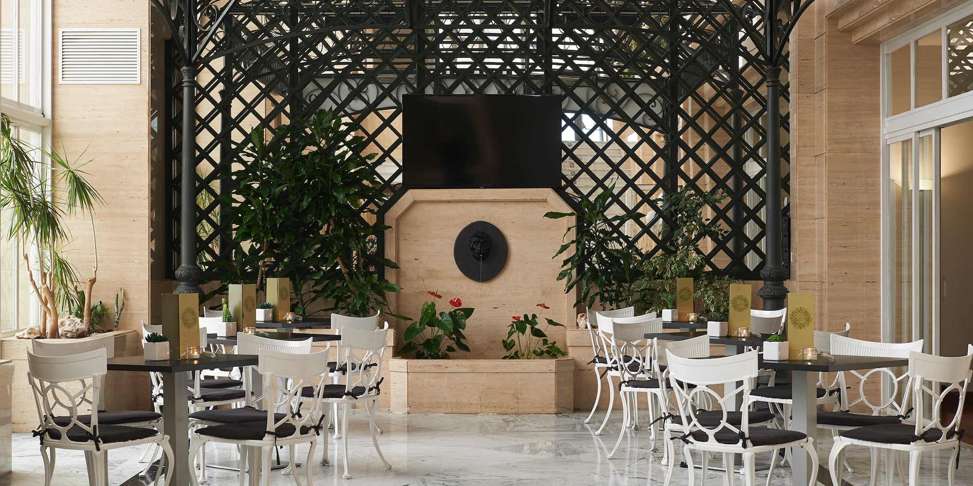 a room with tables and chairs