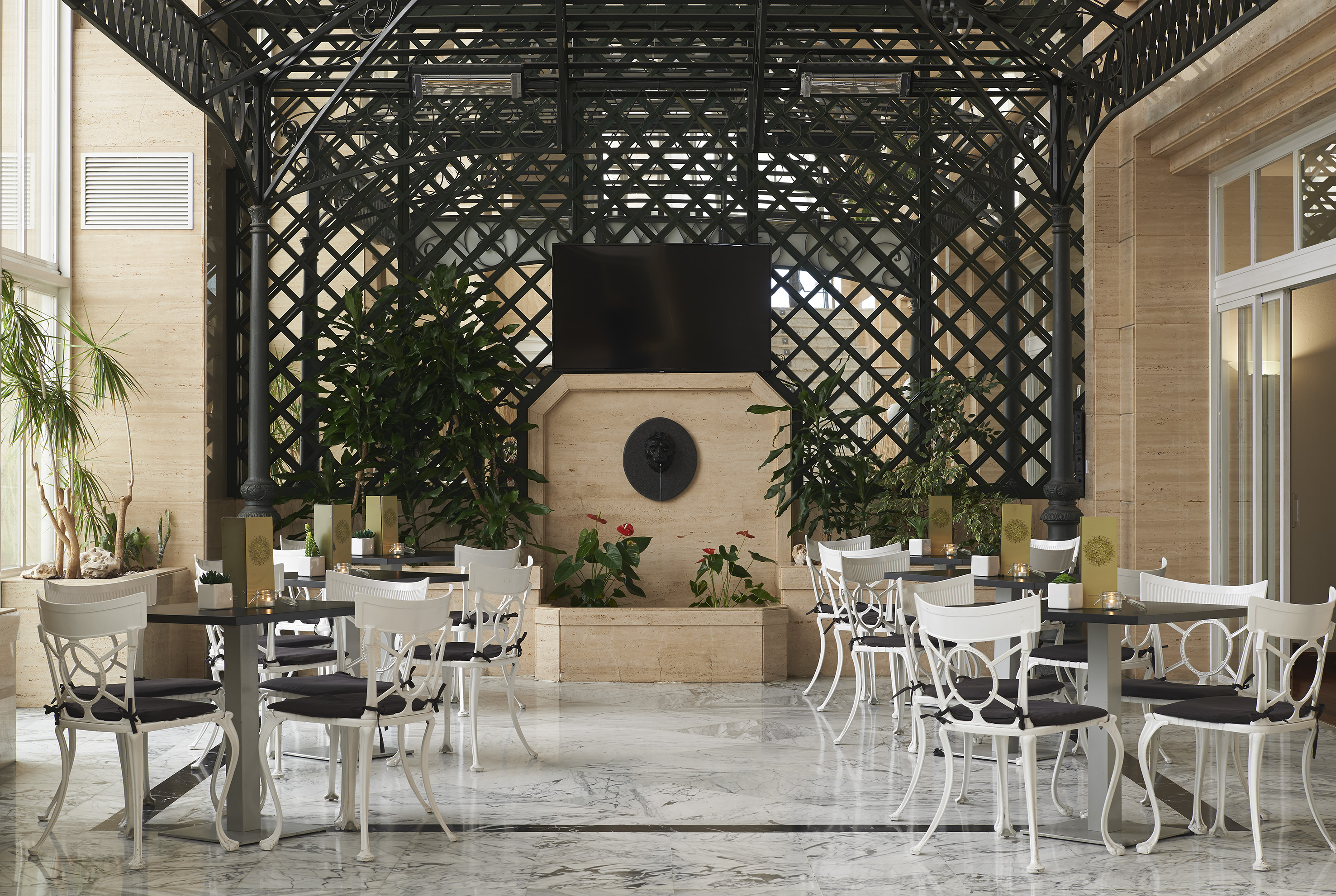 a room with tables and chairs