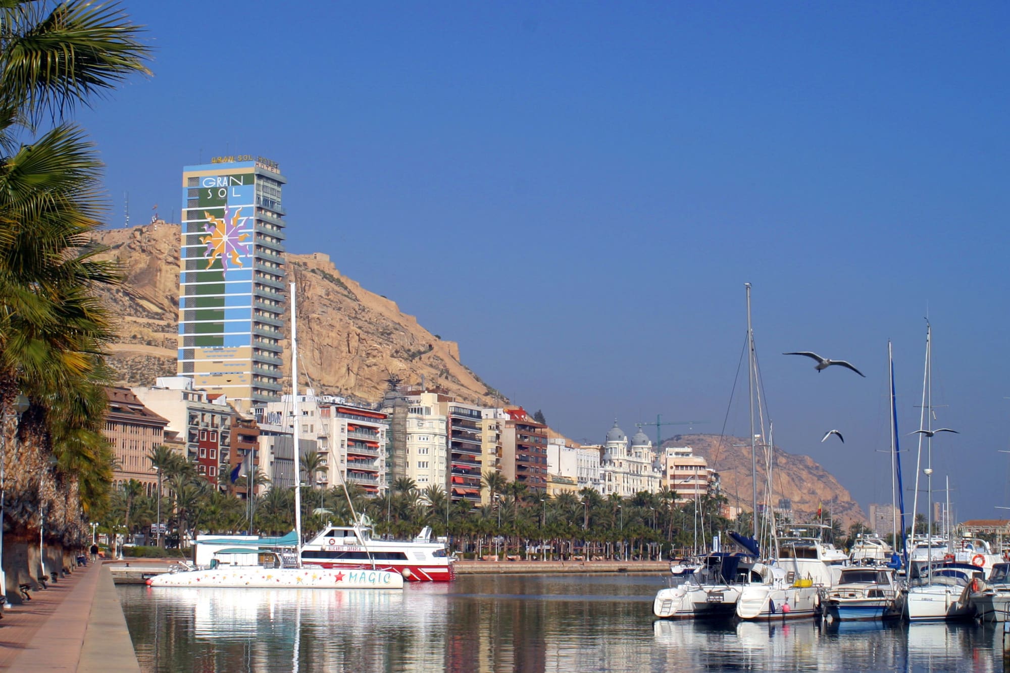 Sunny Alicante marina, Gran Sol Hotel, city buildings, and Monte Benacantil.