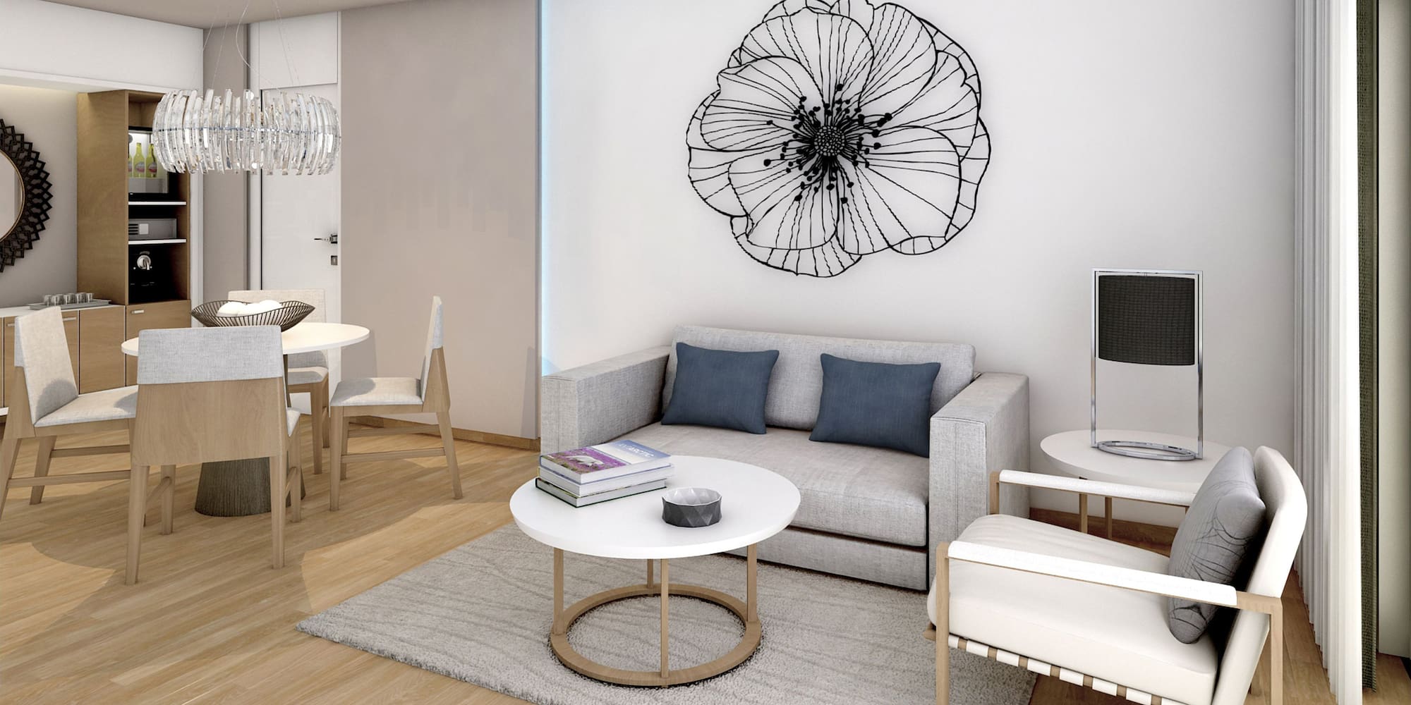 a living room with a couch and a table