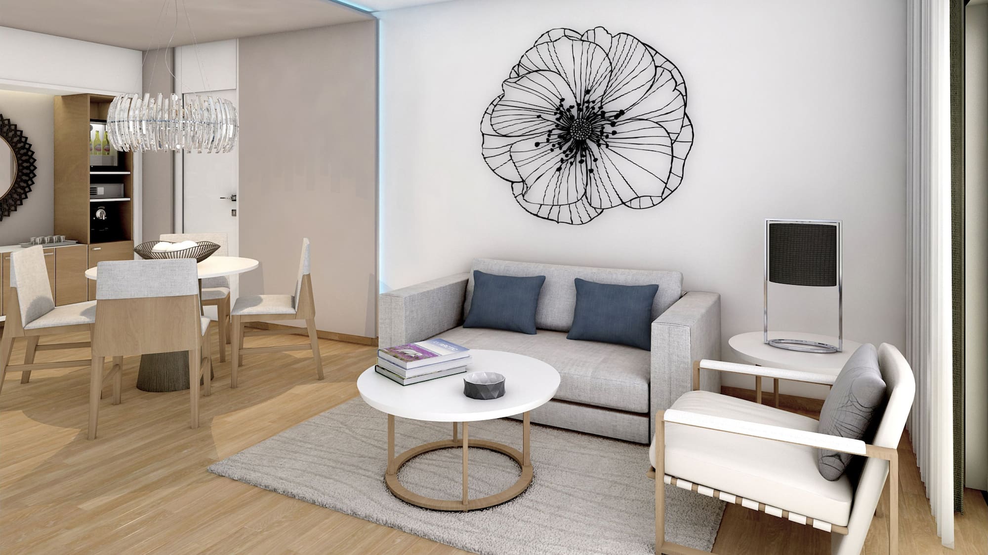 a living room with a couch and a table