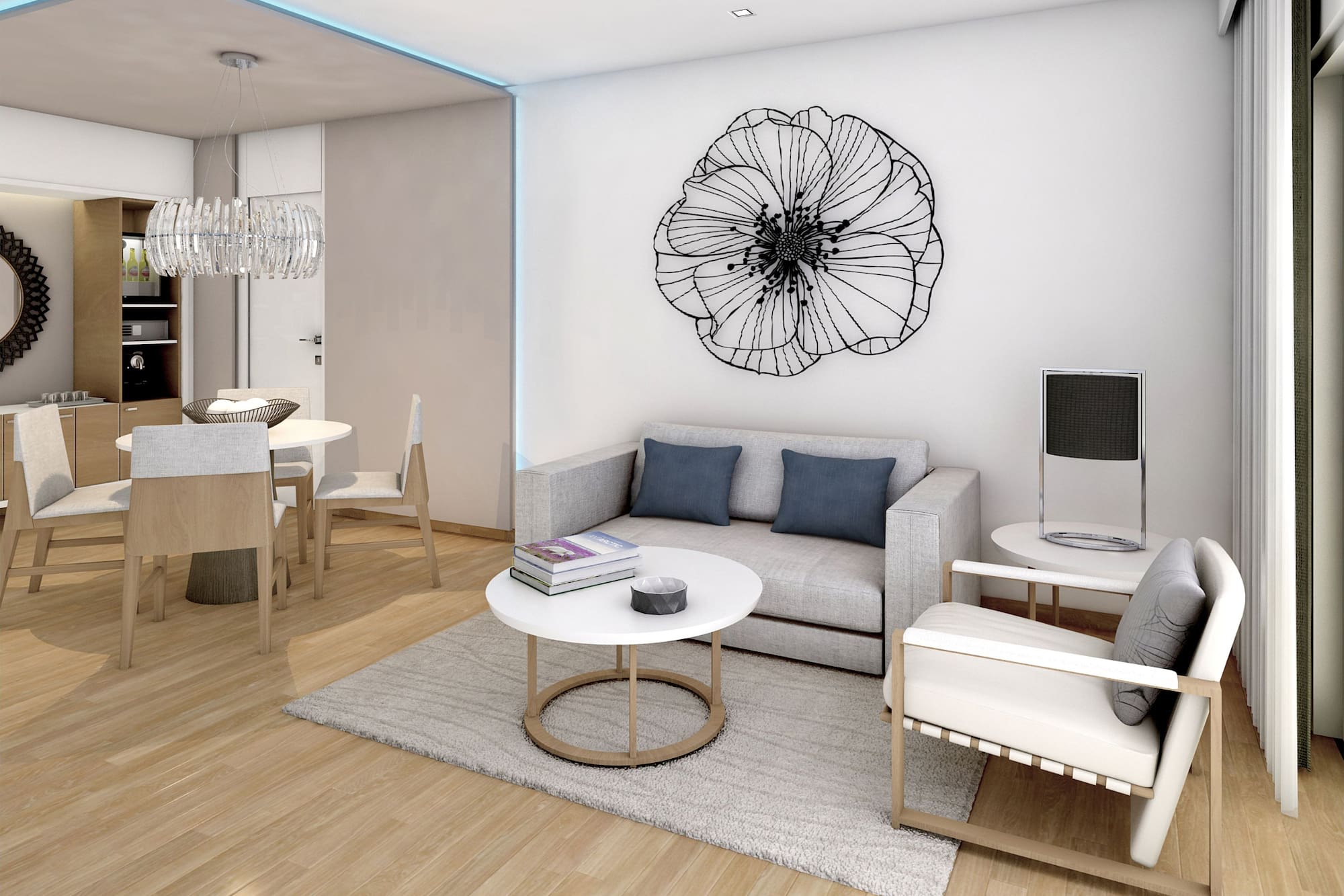 a living room with a couch and a table