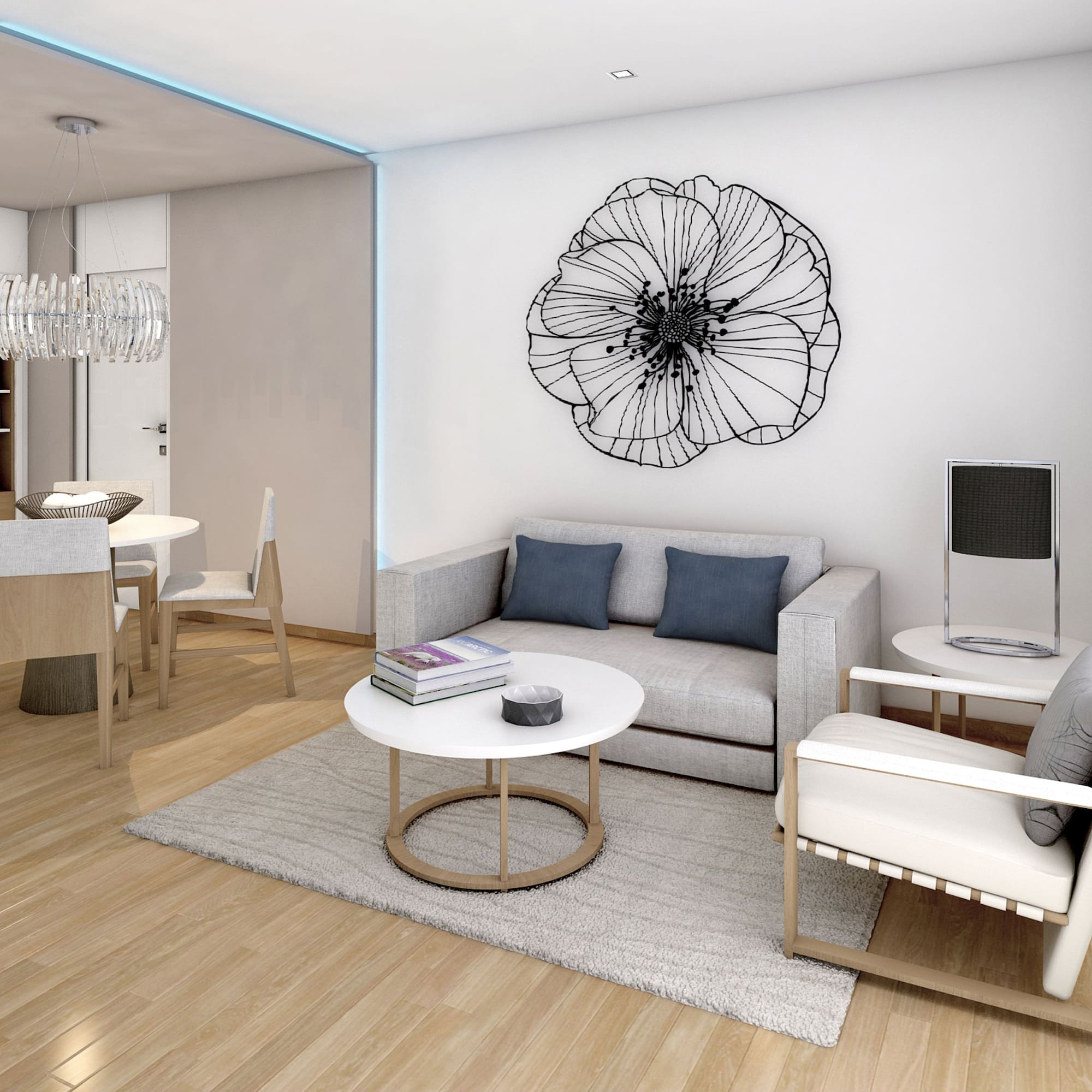 a living room with a couch and a table