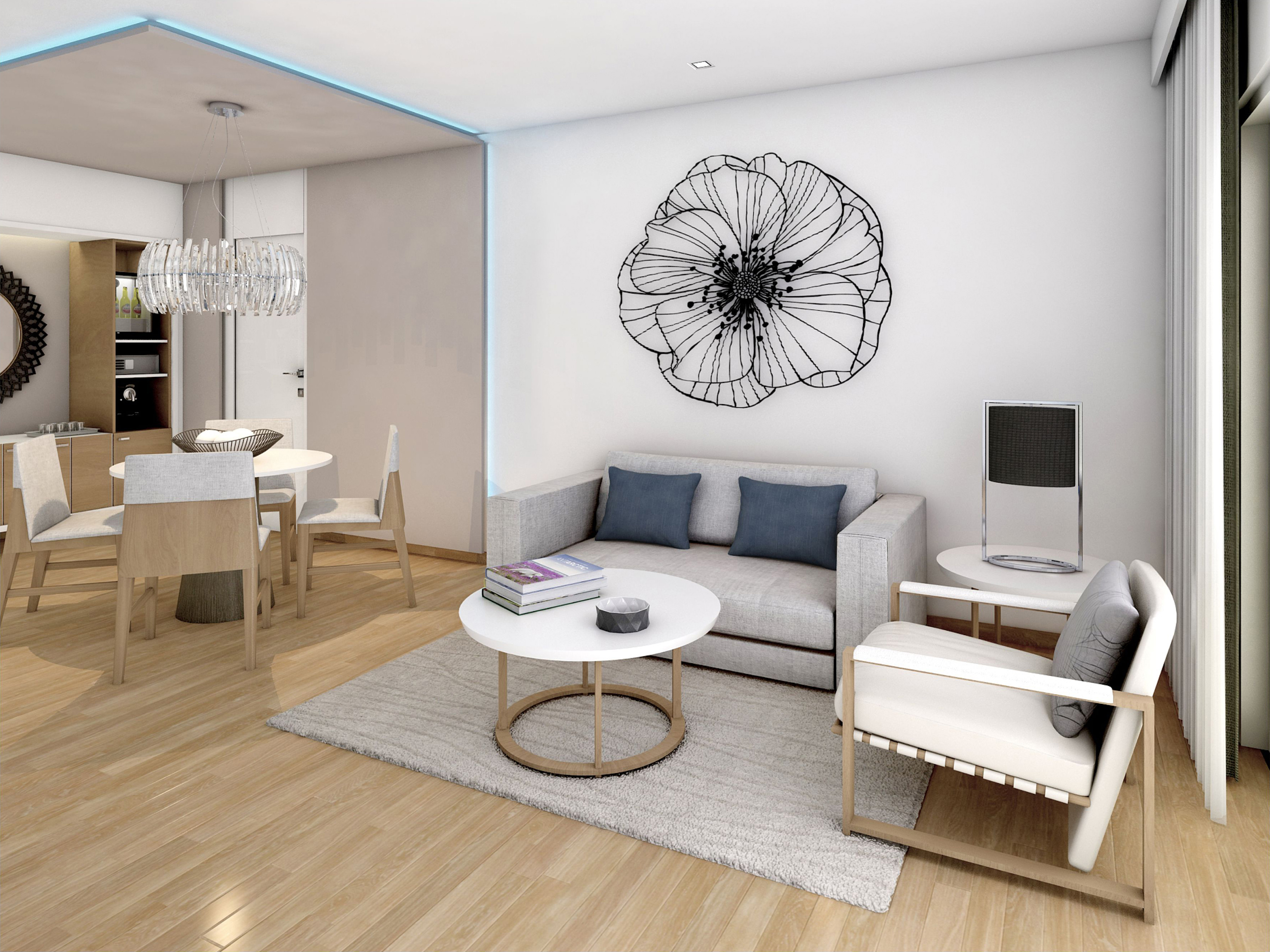 a living room with a couch and a table