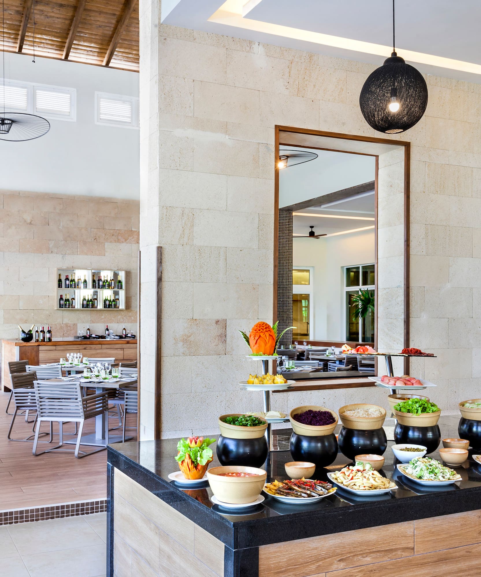 a buffet table with food on it