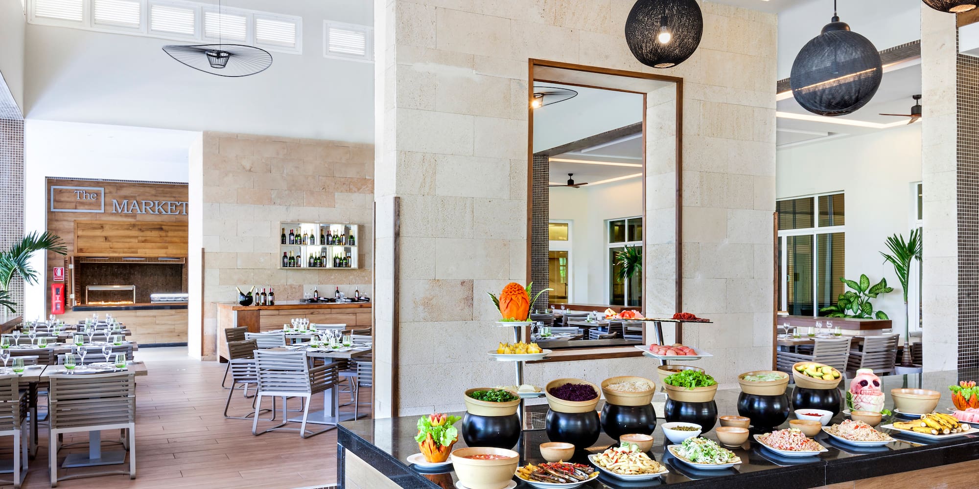 a buffet table with food on it