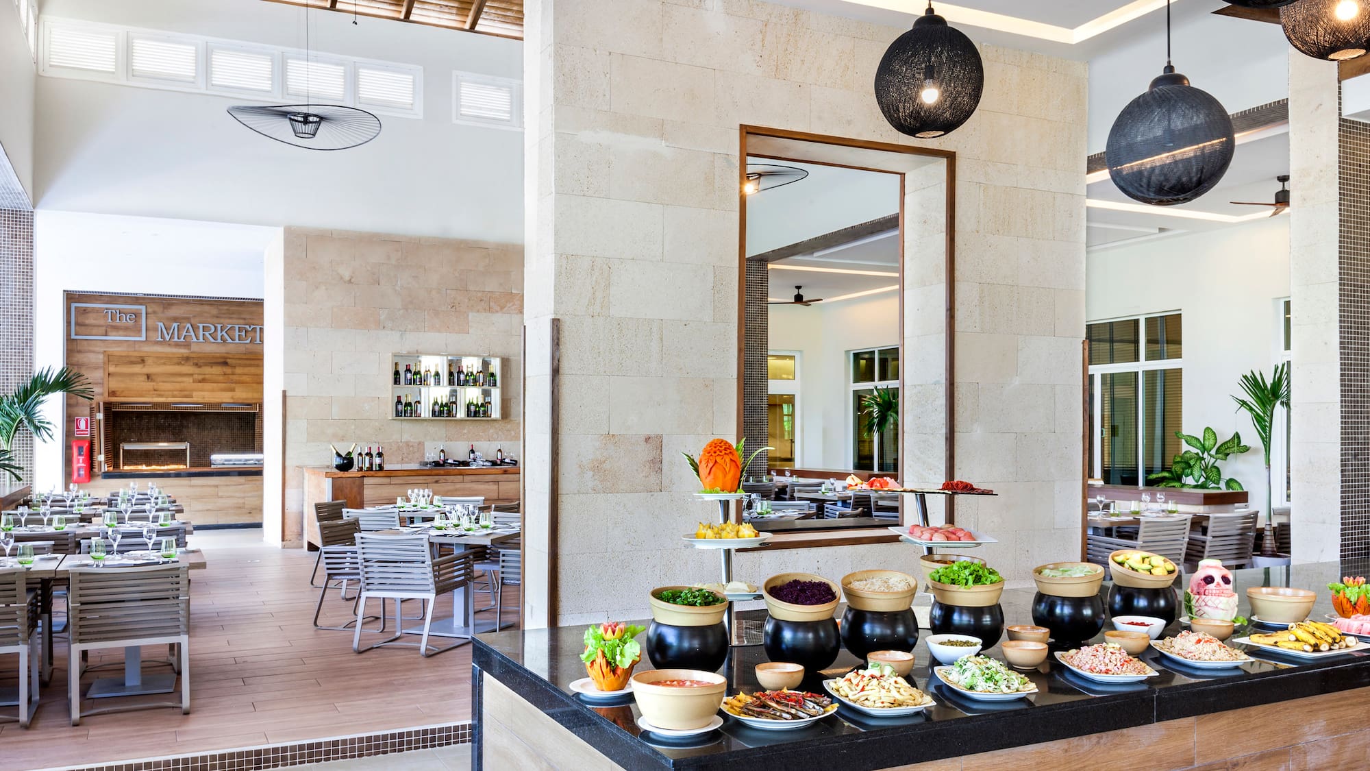 a buffet table with food on it