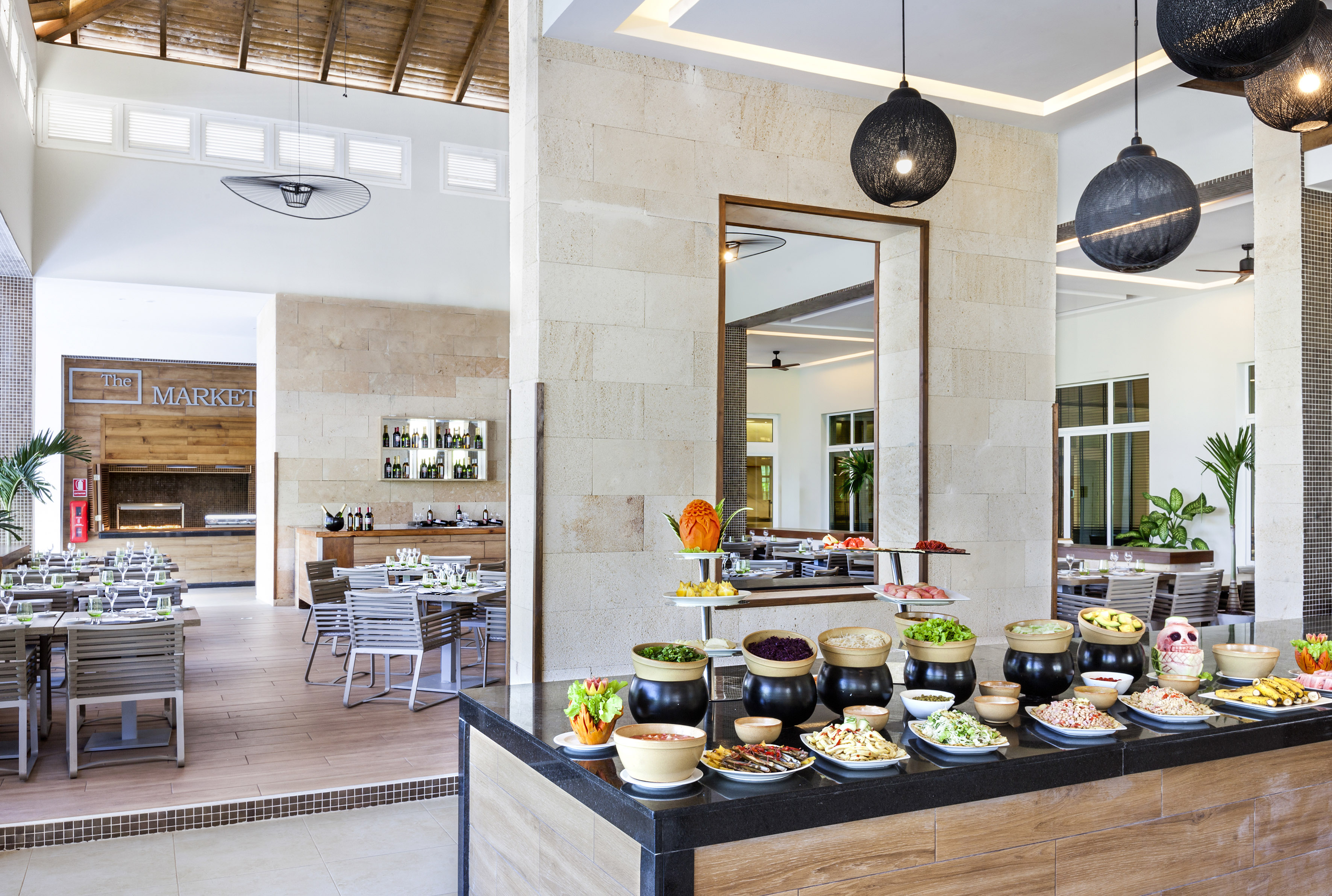 a buffet table with food on it