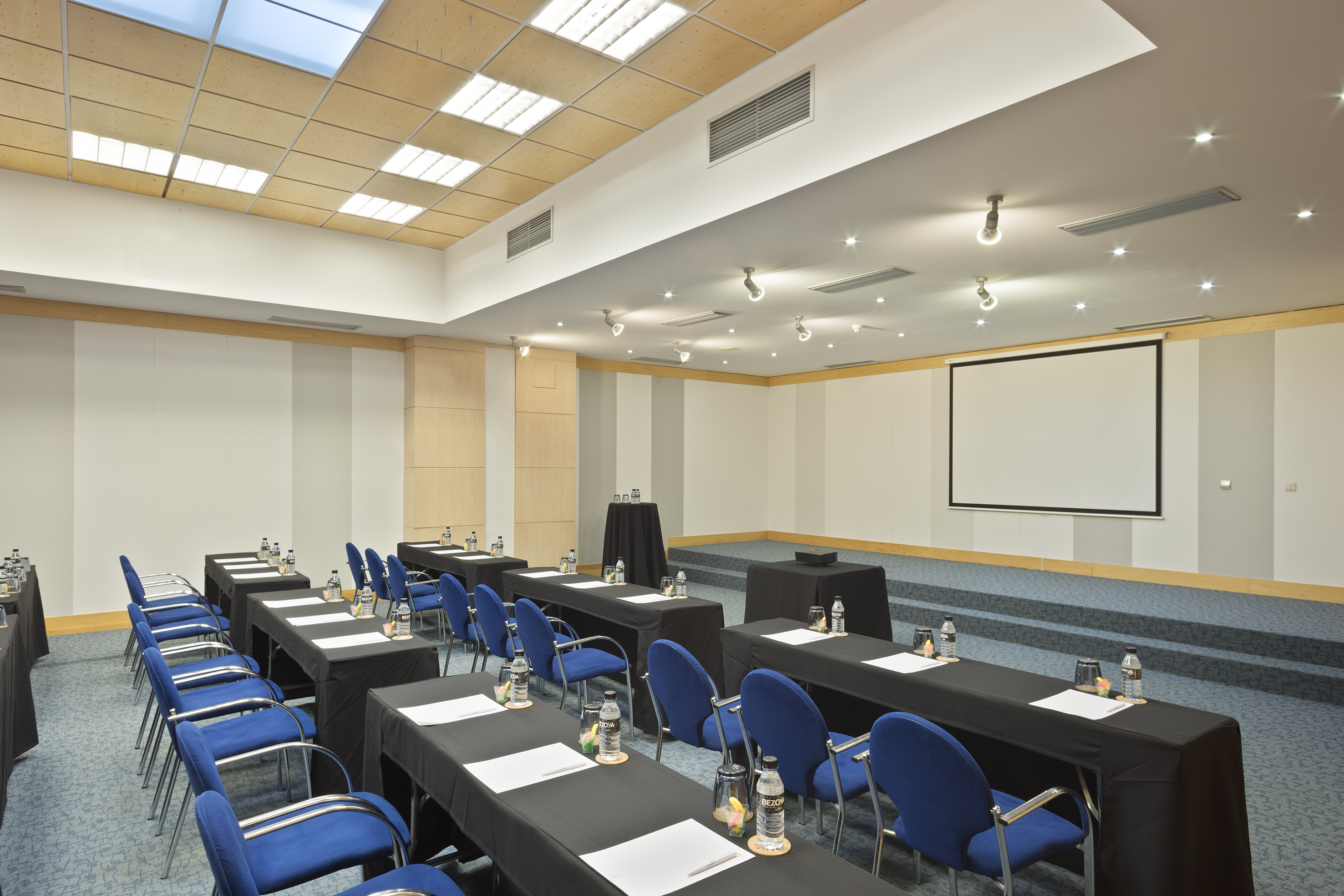 Meeting room setup: blue chairs, black tables, projector screen.