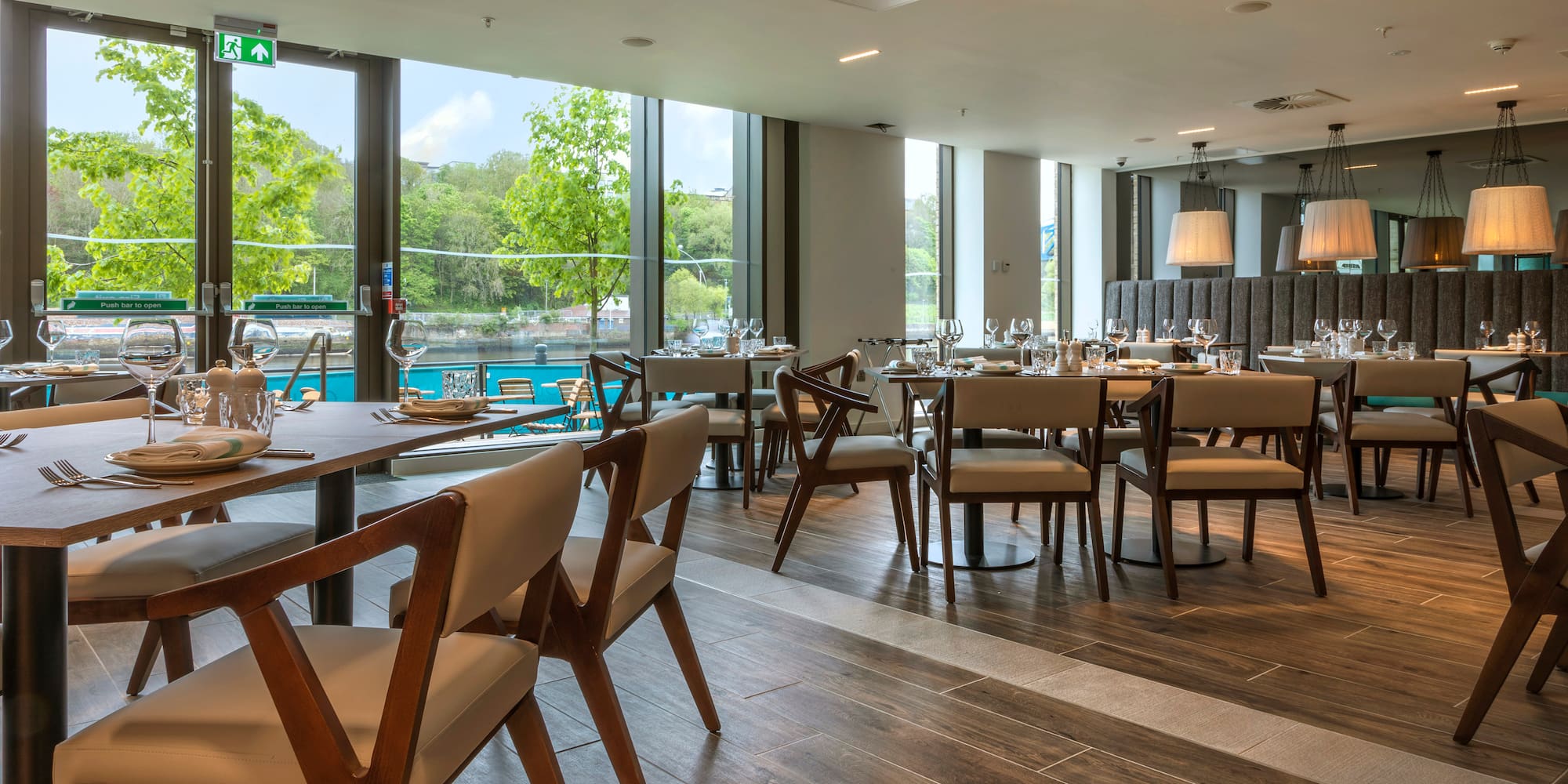 a room with tables and chairs