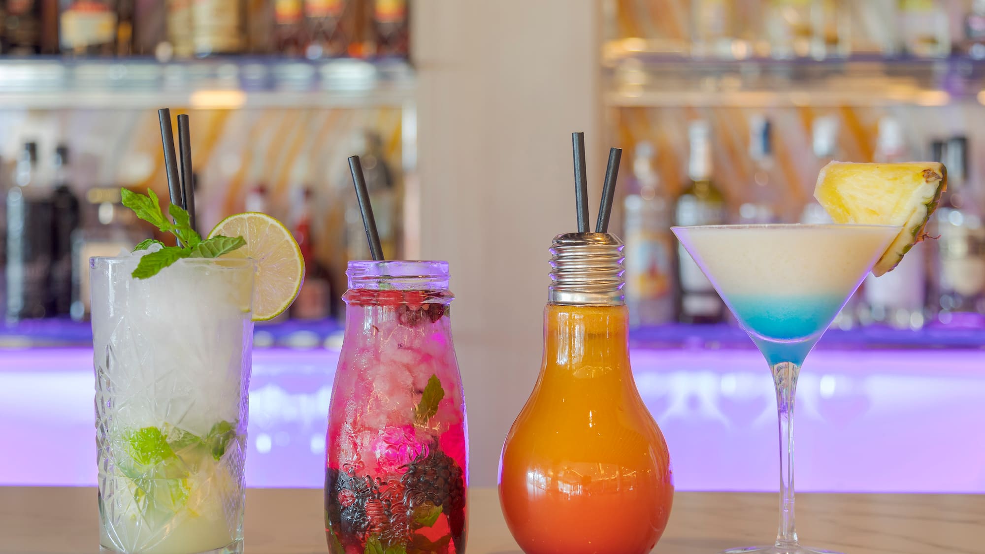 a group of drinks on a table