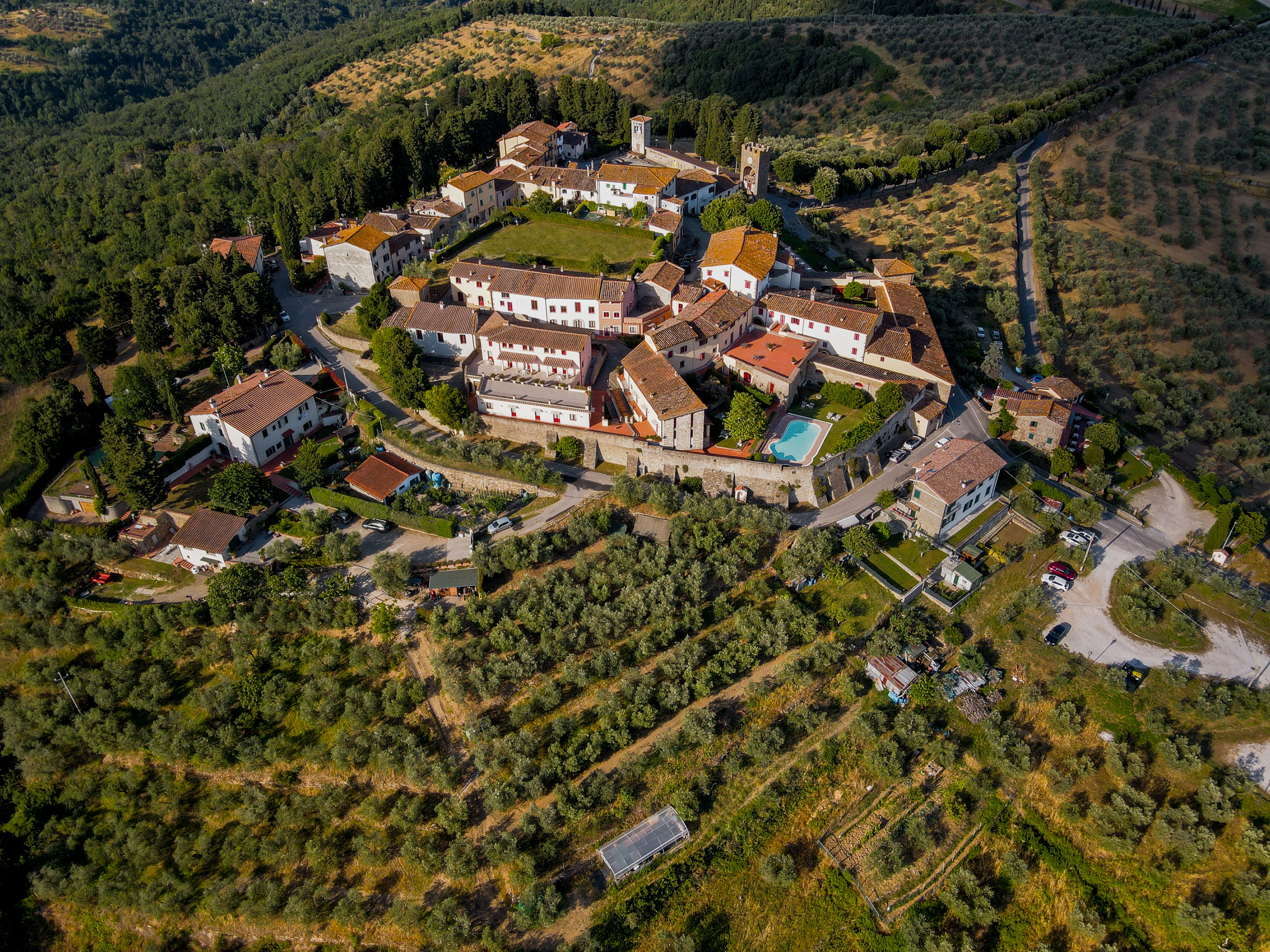 Historic Tuscan village aerial view, red roofs, olive groves, green hills.