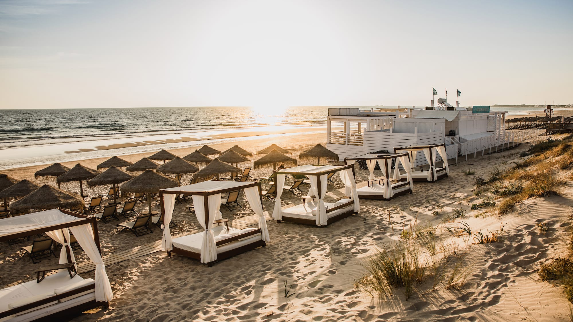 a beach with umbrellas and chairs