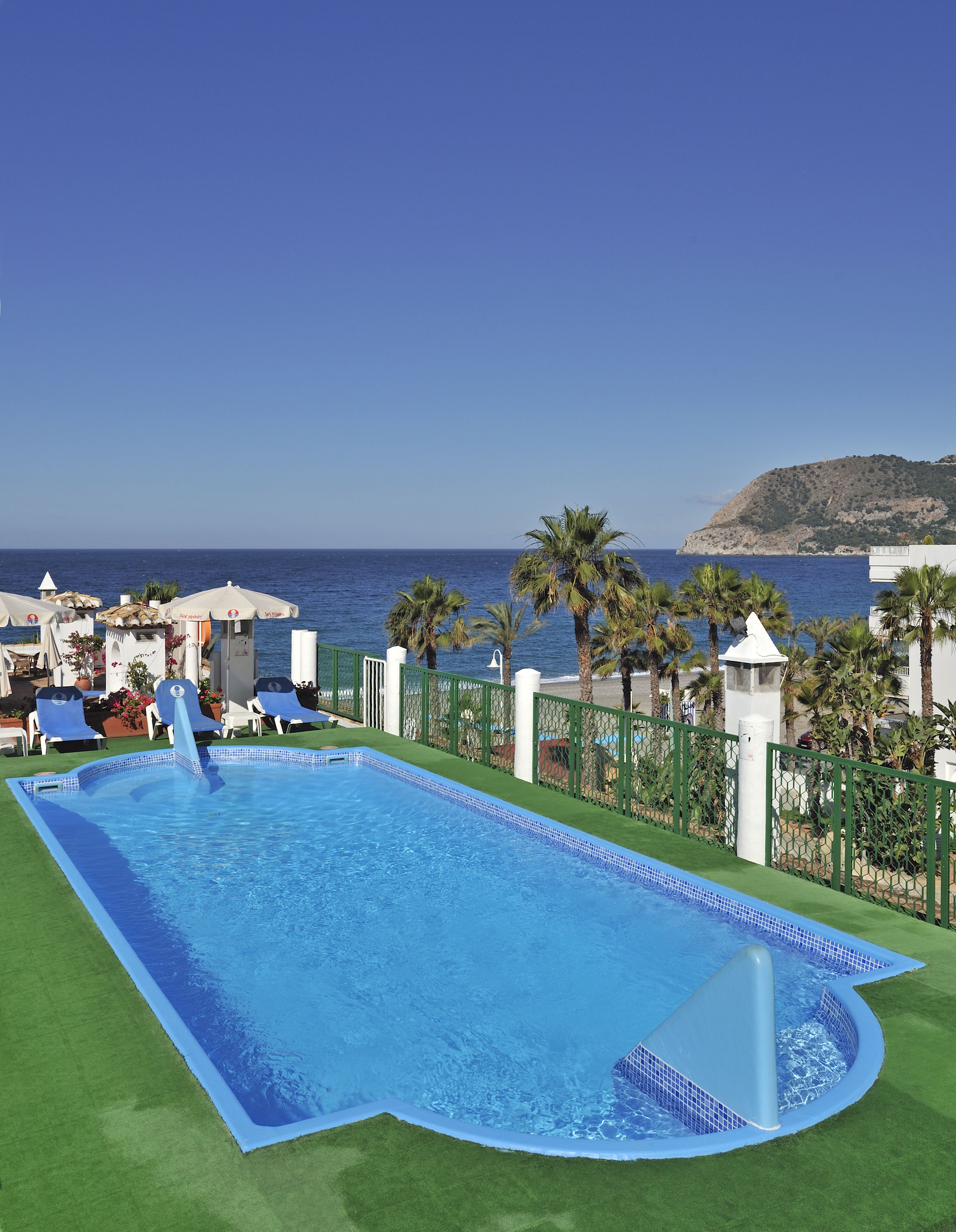 Resort swimming pool with ocean view, palm trees, and coastal mountains.