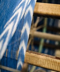 a close up of a blue and white fabric