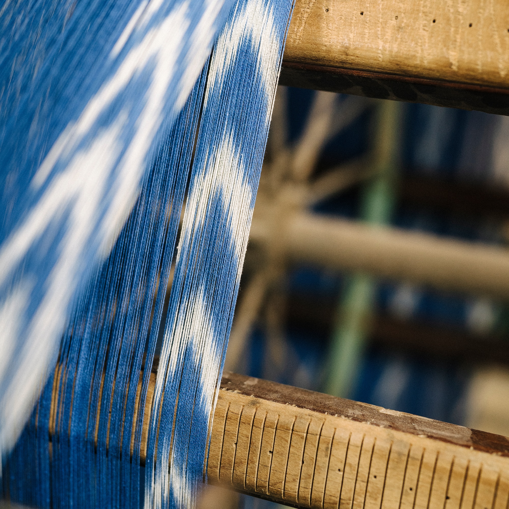 a close up of a blue and white fabric