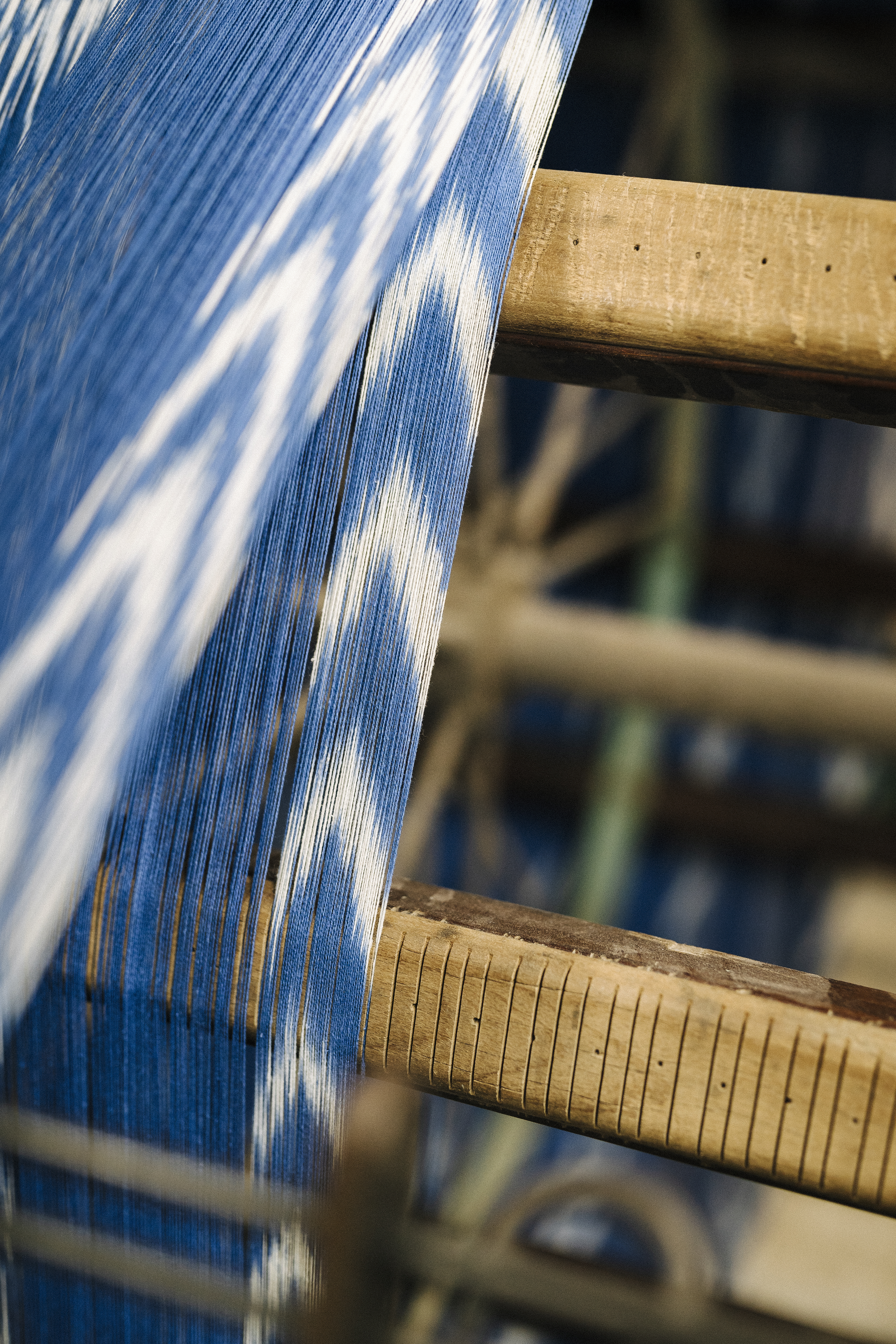 a close up of a blue and white fabric