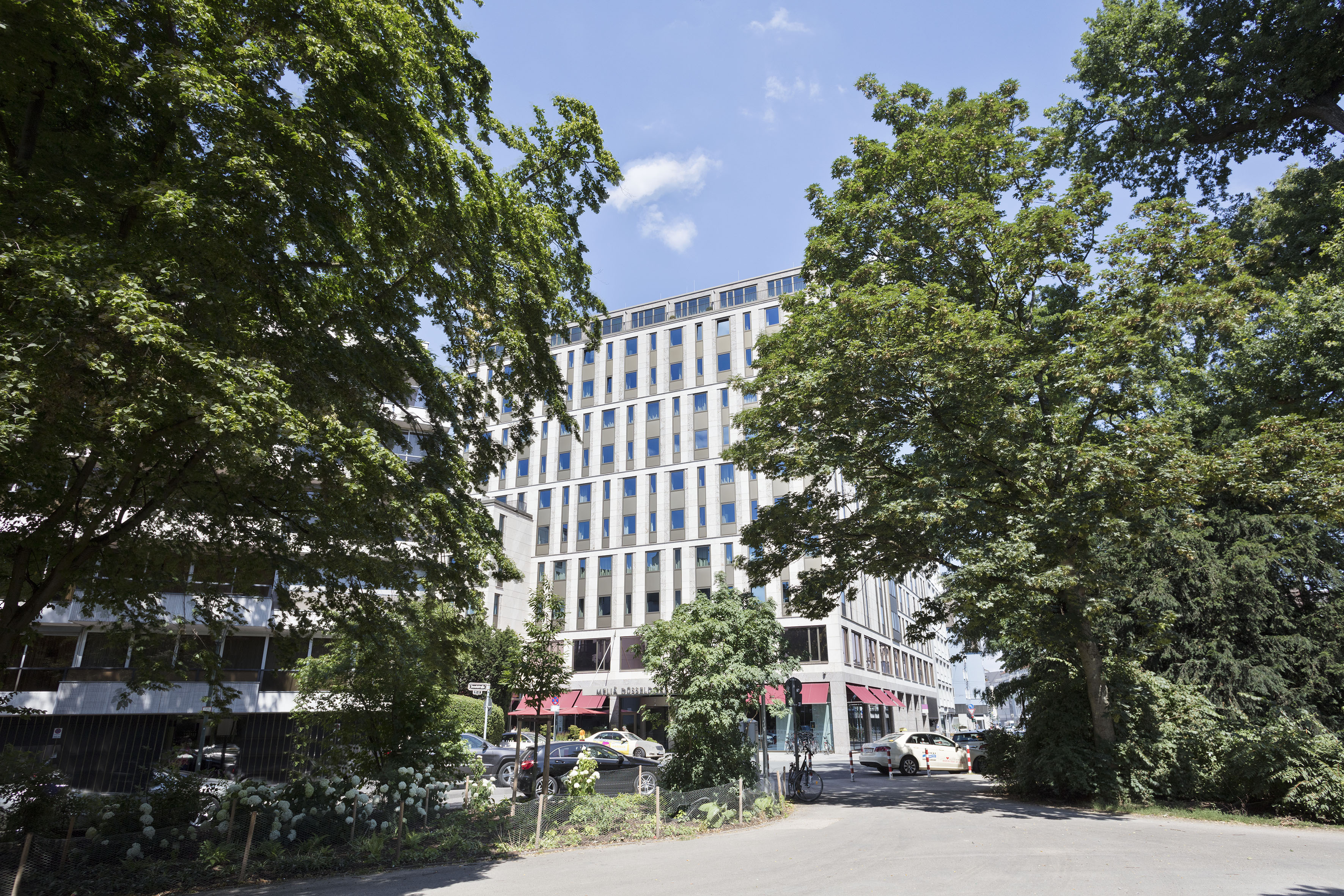 a building with trees around it