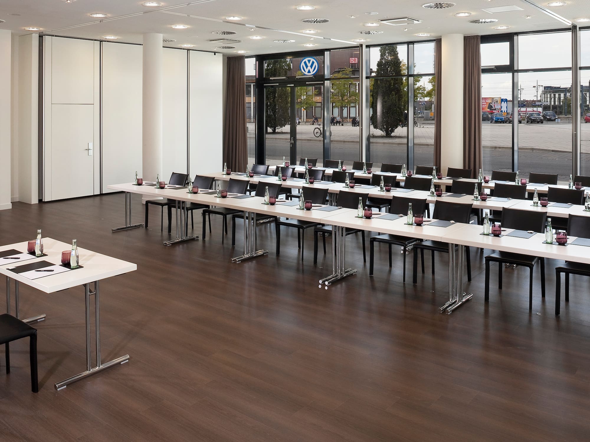 a room with tables and chairs