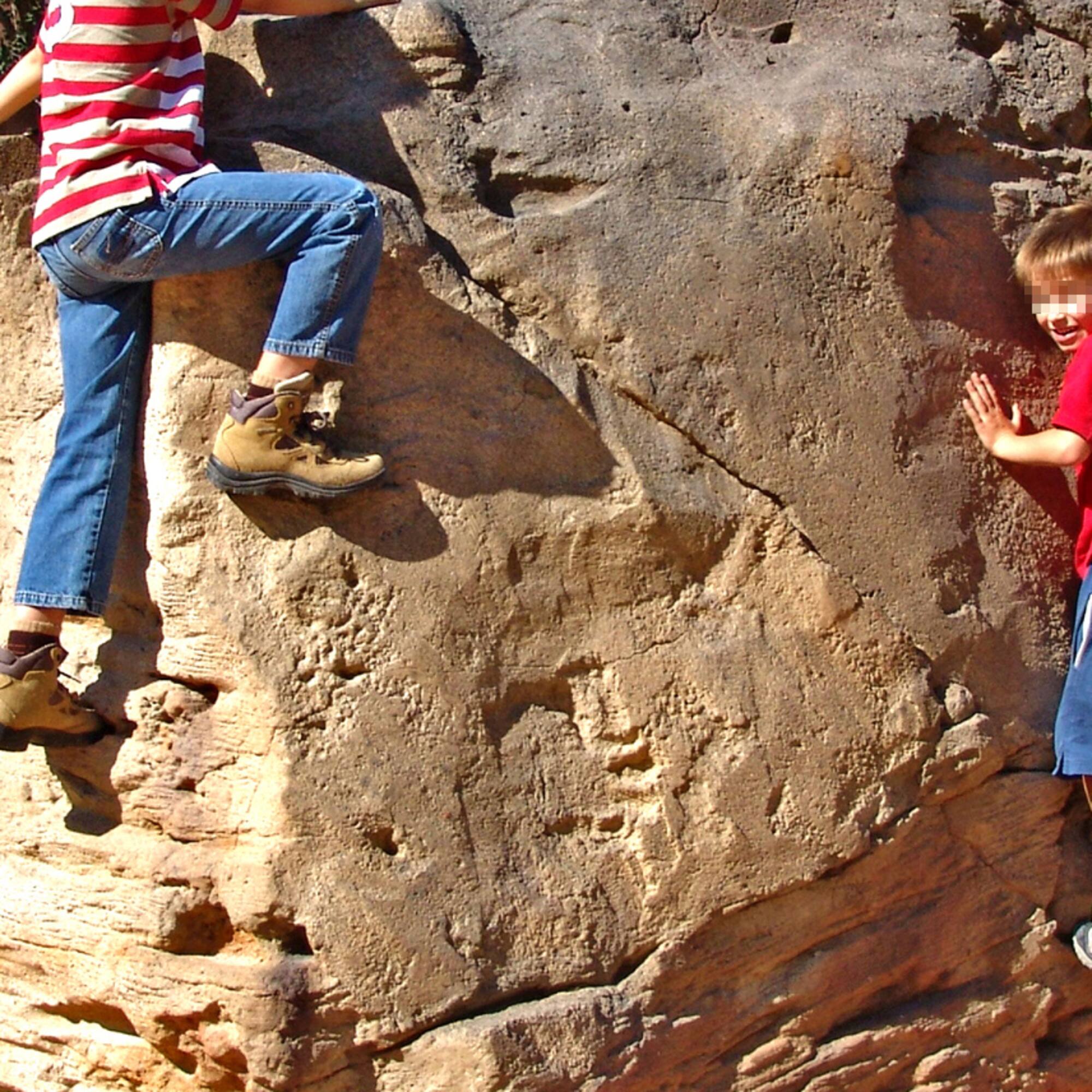 a pair of kids climbing a rock