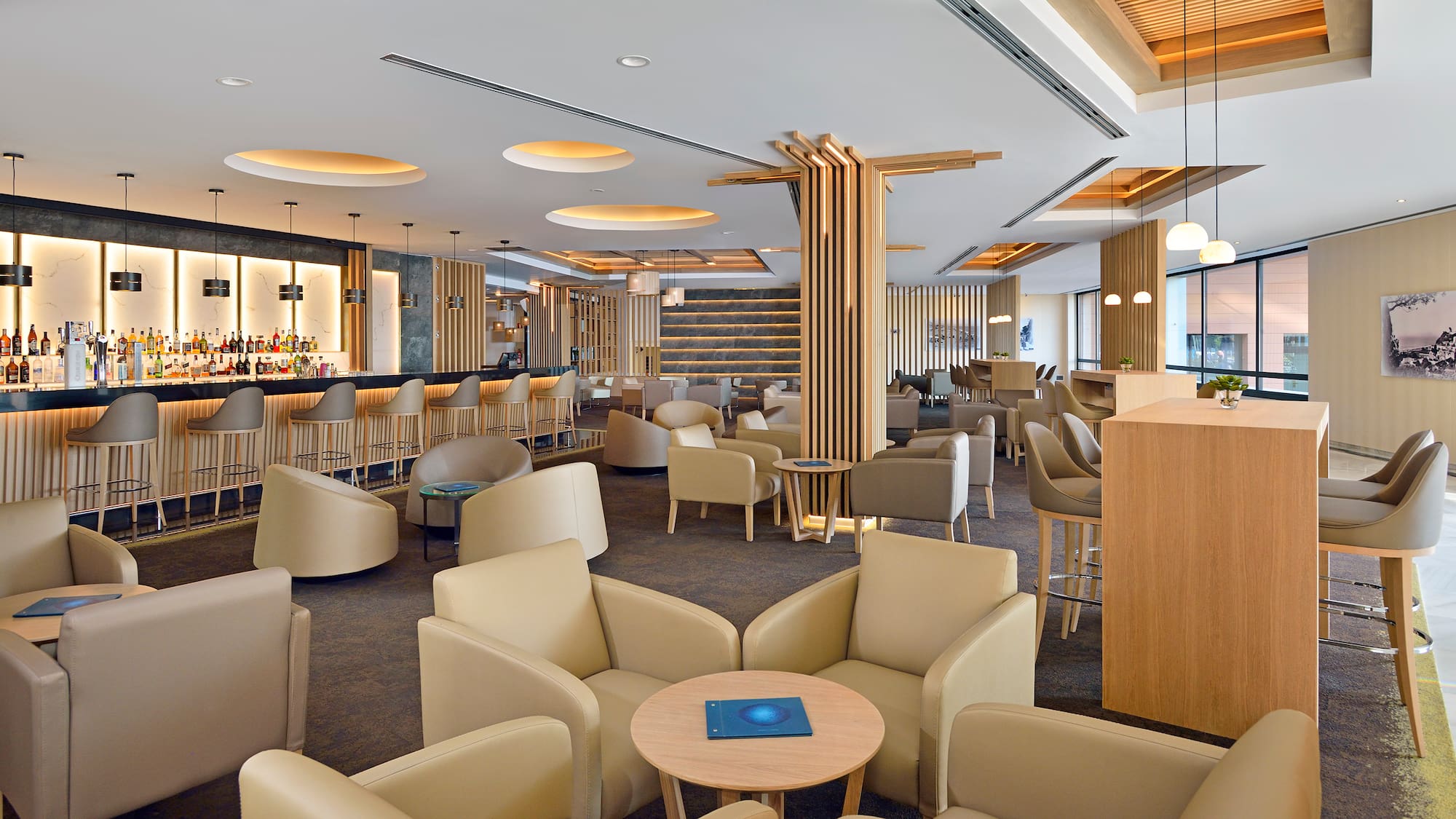 a room with chairs and tables