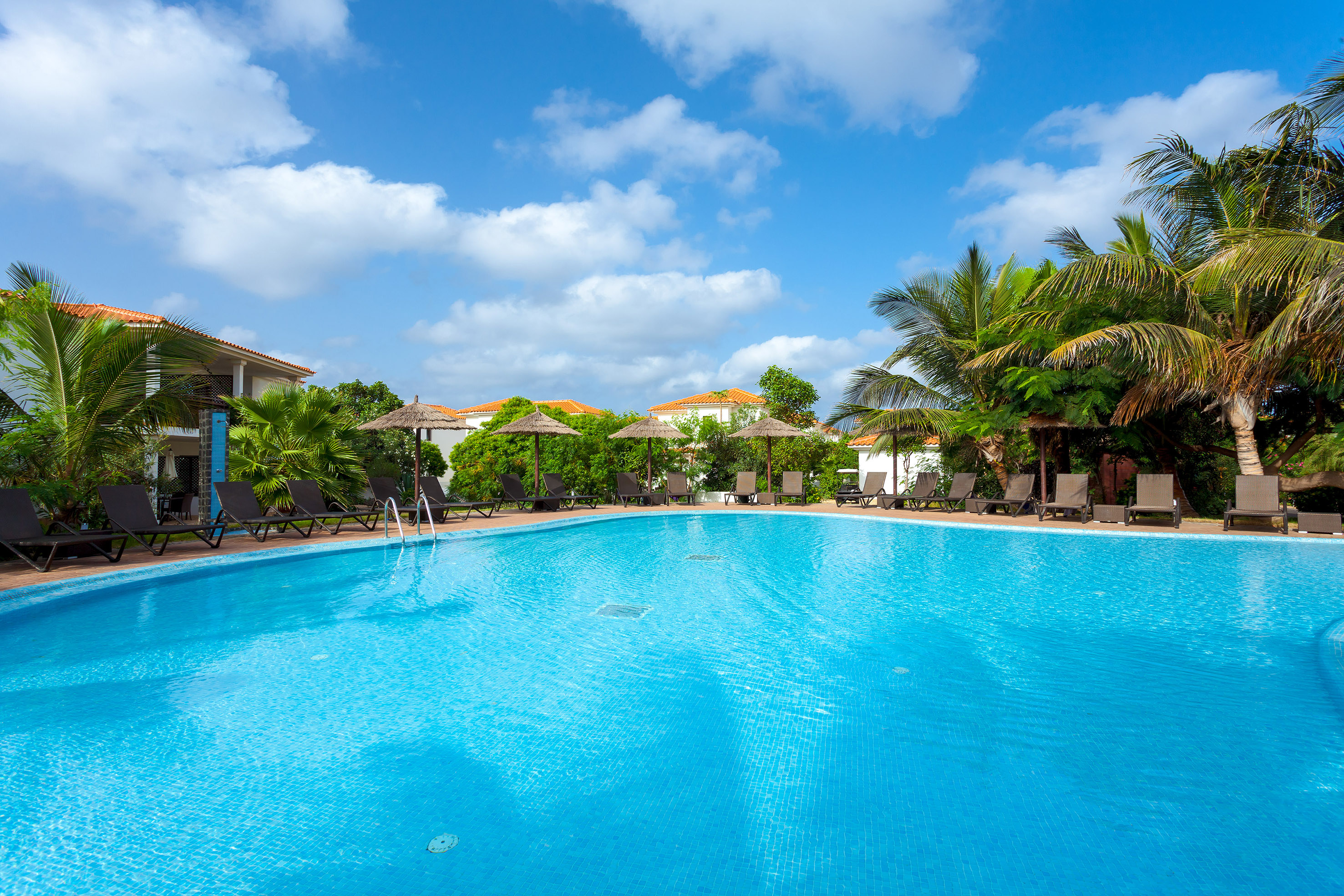 a pool with chairs and umbrellas